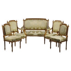 Antique Louis XVI Style Living Room Set in Gilded Wood and Green Silk