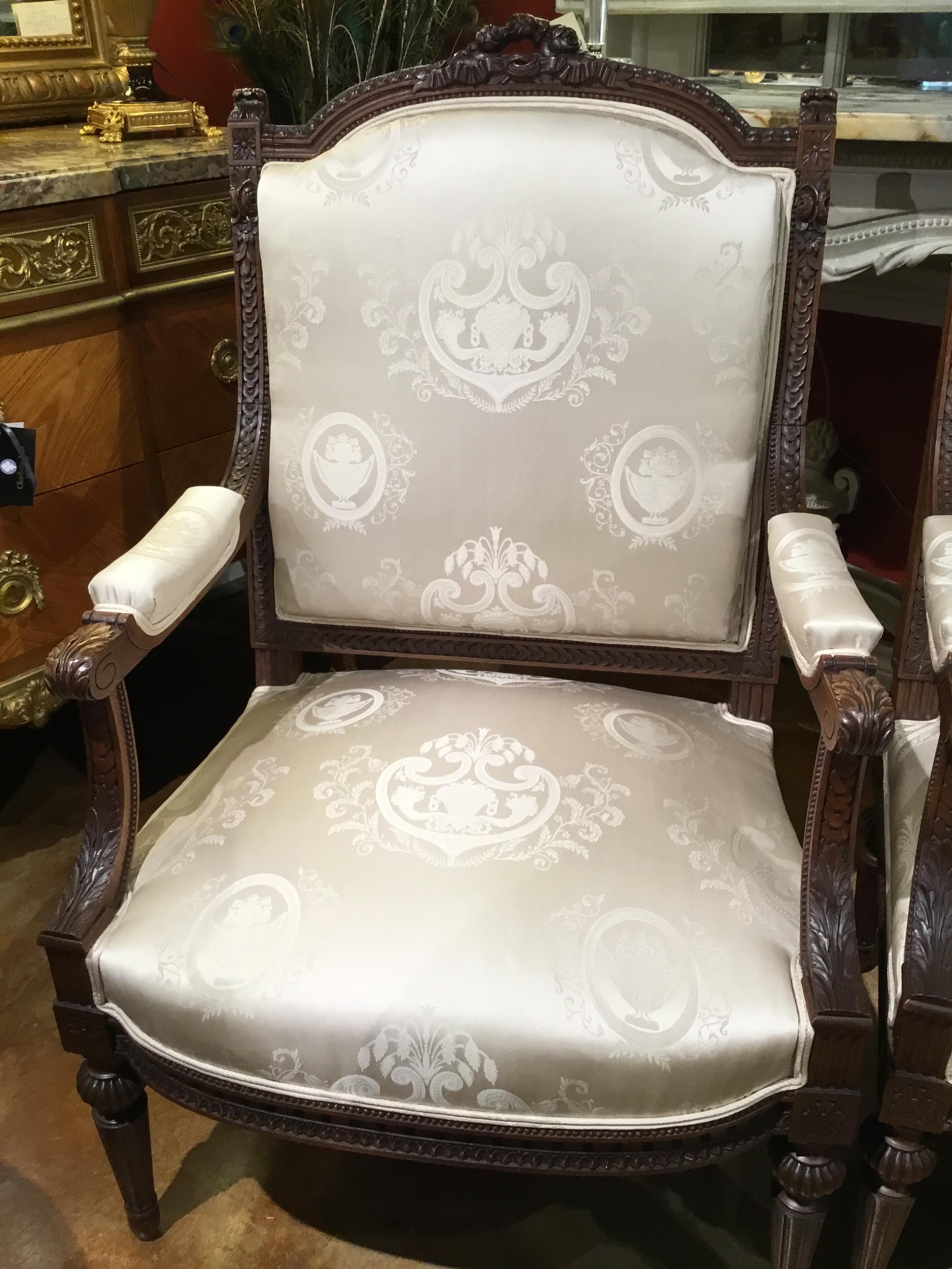 Hand-Carved Louis XVI Style Living Room Suite 19th Century Sofa Pair of Chairs, and 2 Sides For Sale
