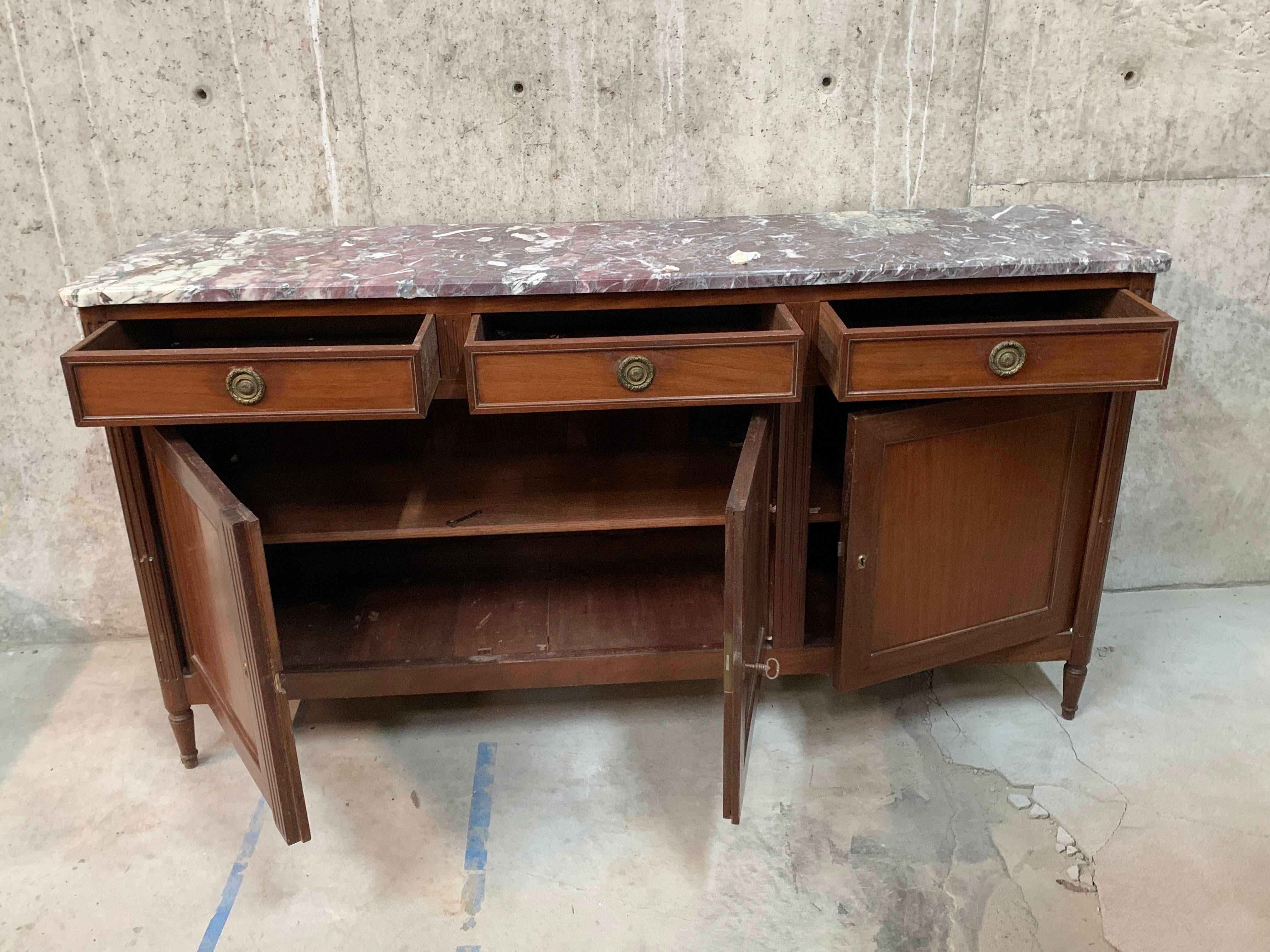 French Louis XVI Style Long Mahogany Buffet With Marble Top