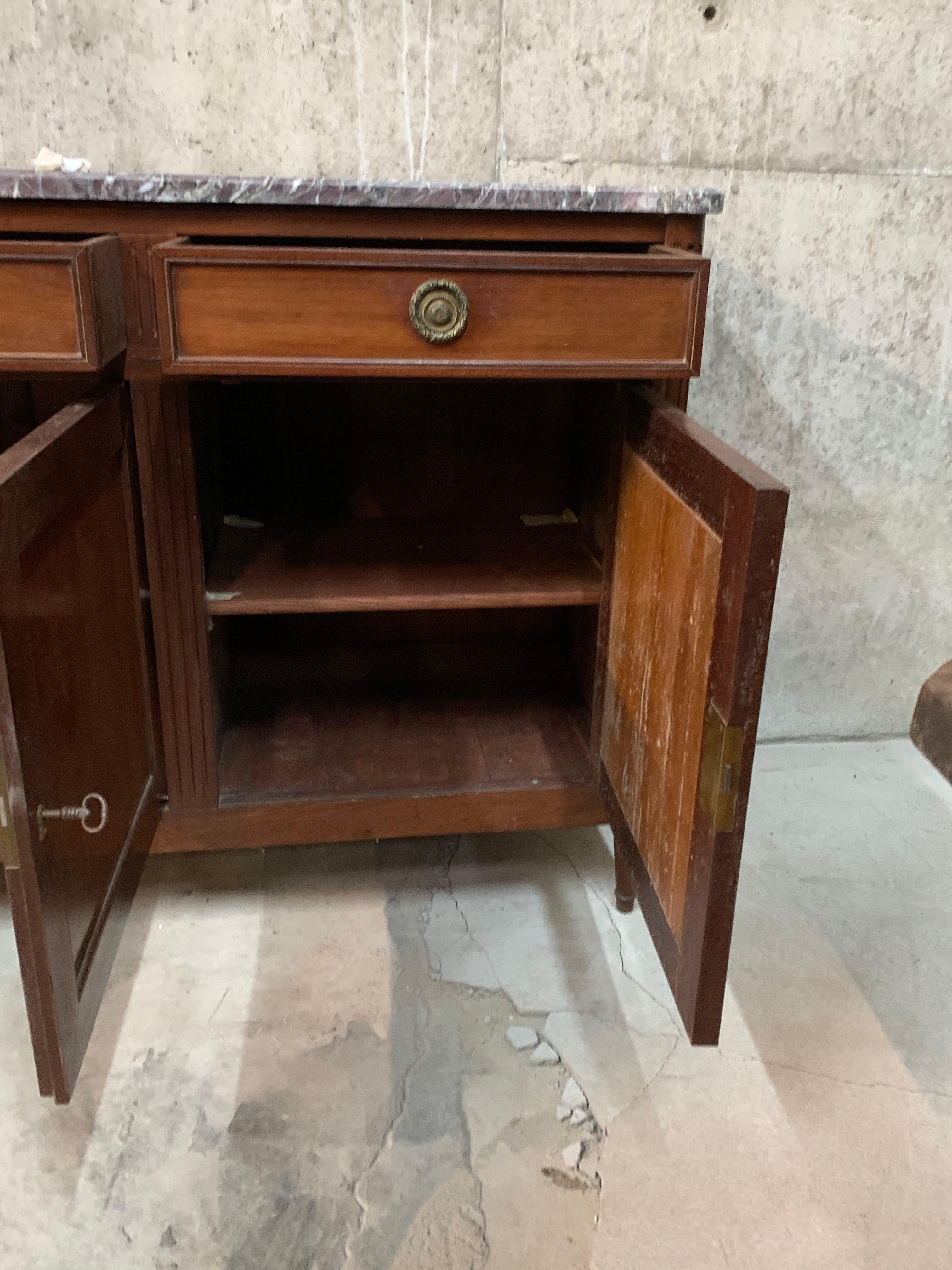 Hand-Crafted Louis XVI Style Long Mahogany Buffet With Marble Top