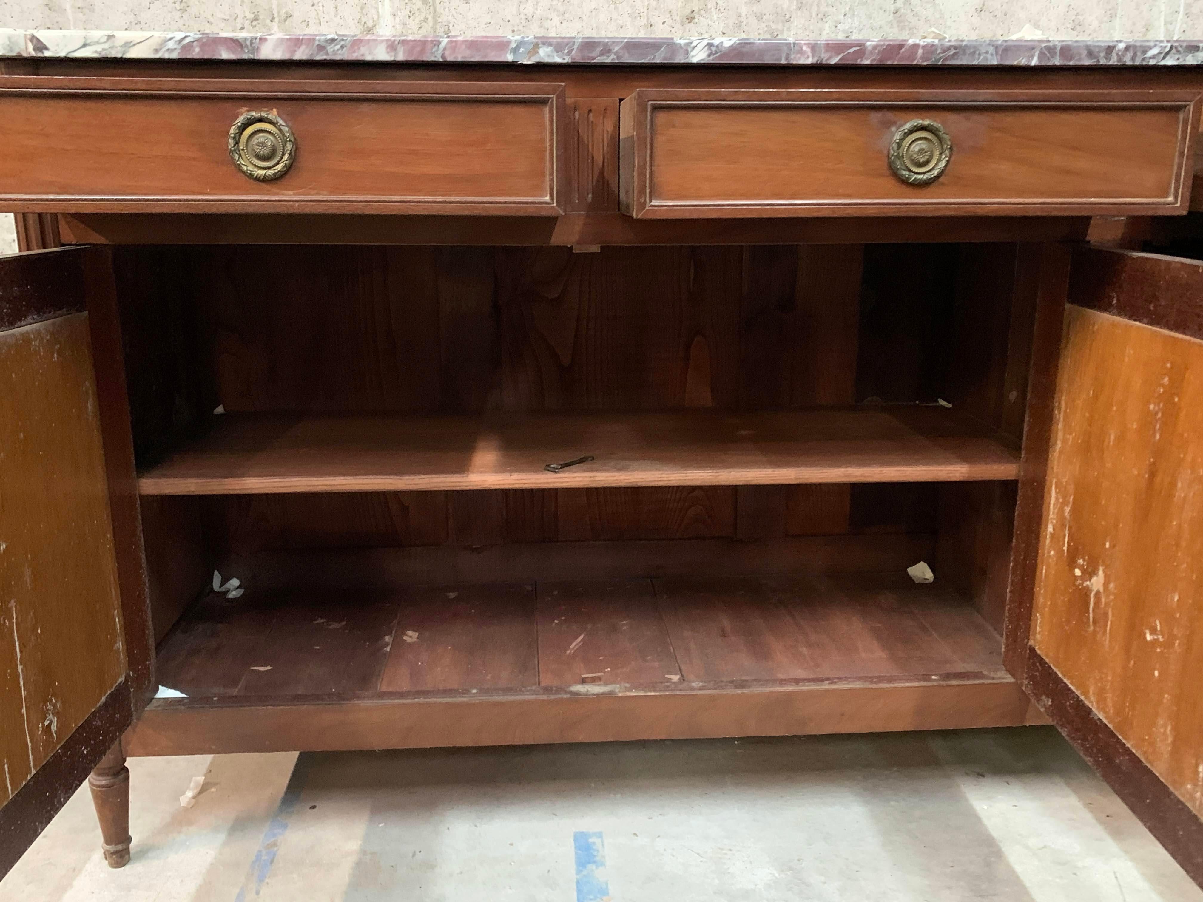 Louis XVI Style Long Mahogany Buffet With Marble Top In Good Condition In Sheridan, CO