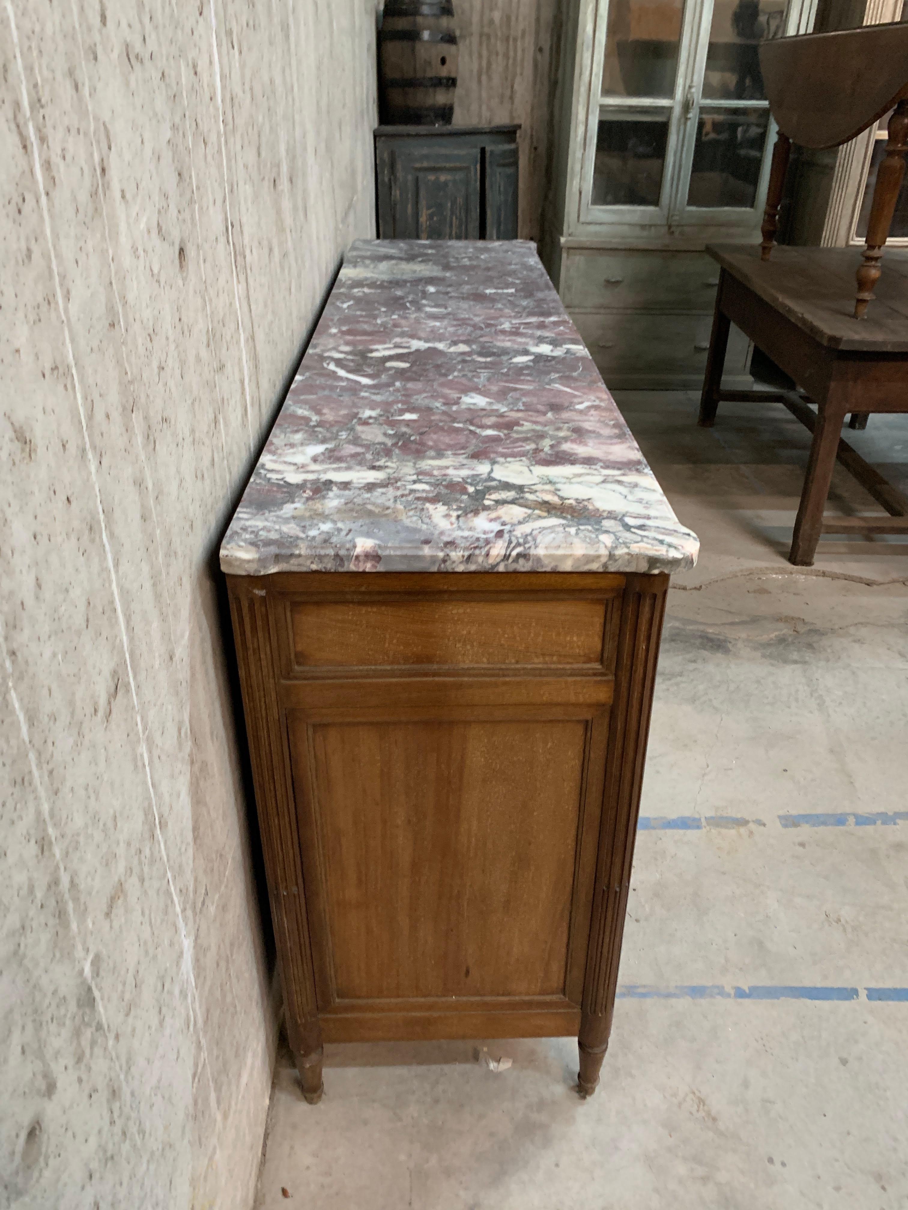 Brass Louis XVI Style Long Mahogany Buffet With Marble Top