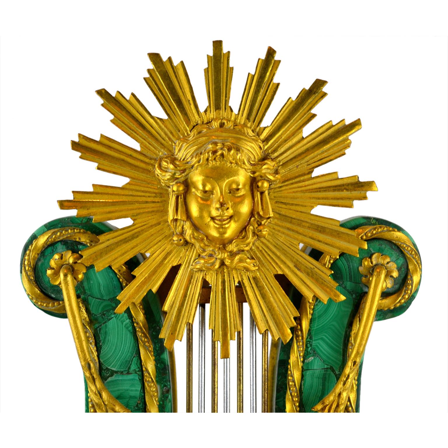 Carved Louis XVI Style Lyre Clock in Malachite