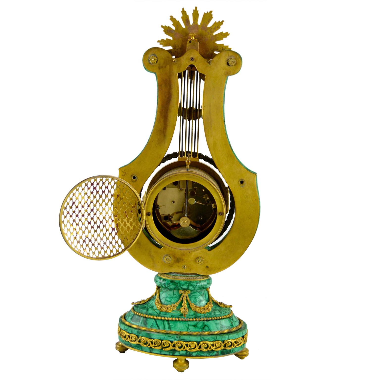 19th Century Louis XVI Style Lyre Clock in Malachite