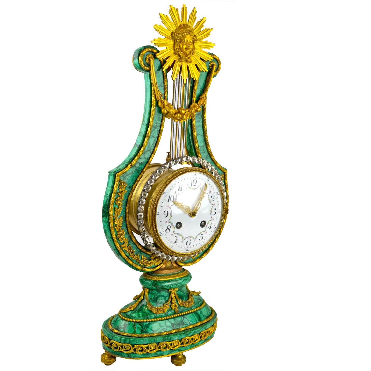 French Louis XVI Style Lyre Clock in Malachite