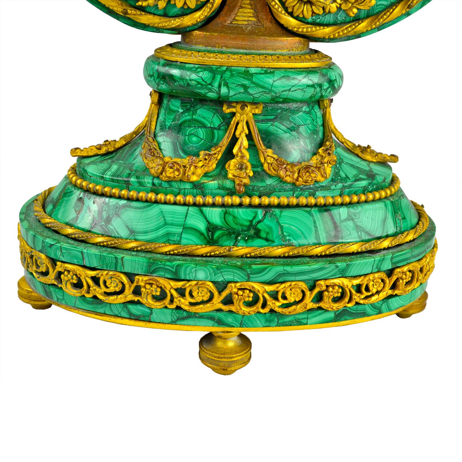 Bronze Louis XVI Style Lyre Clock in Malachite