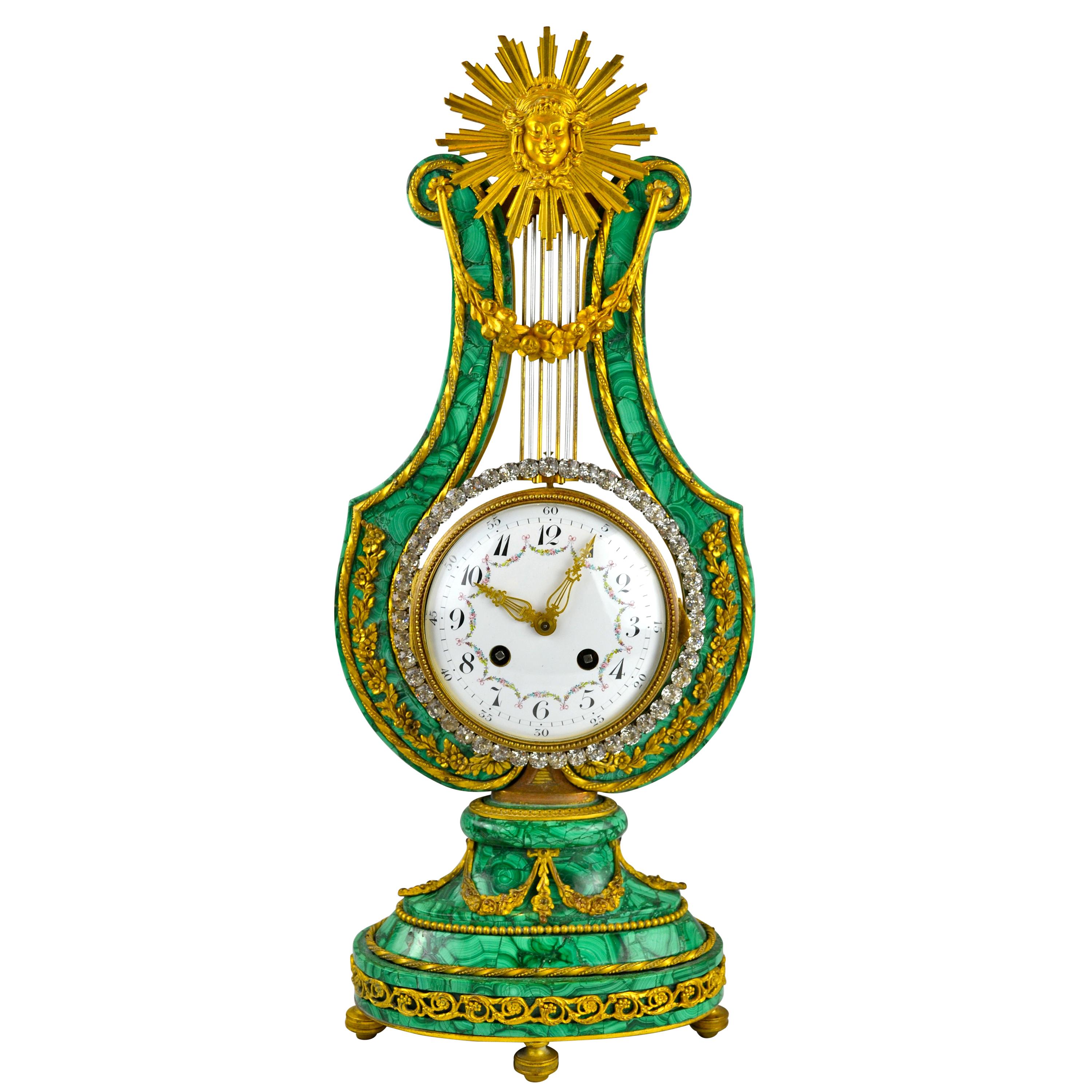 Louis XVI Style Lyre Clock in Malachite