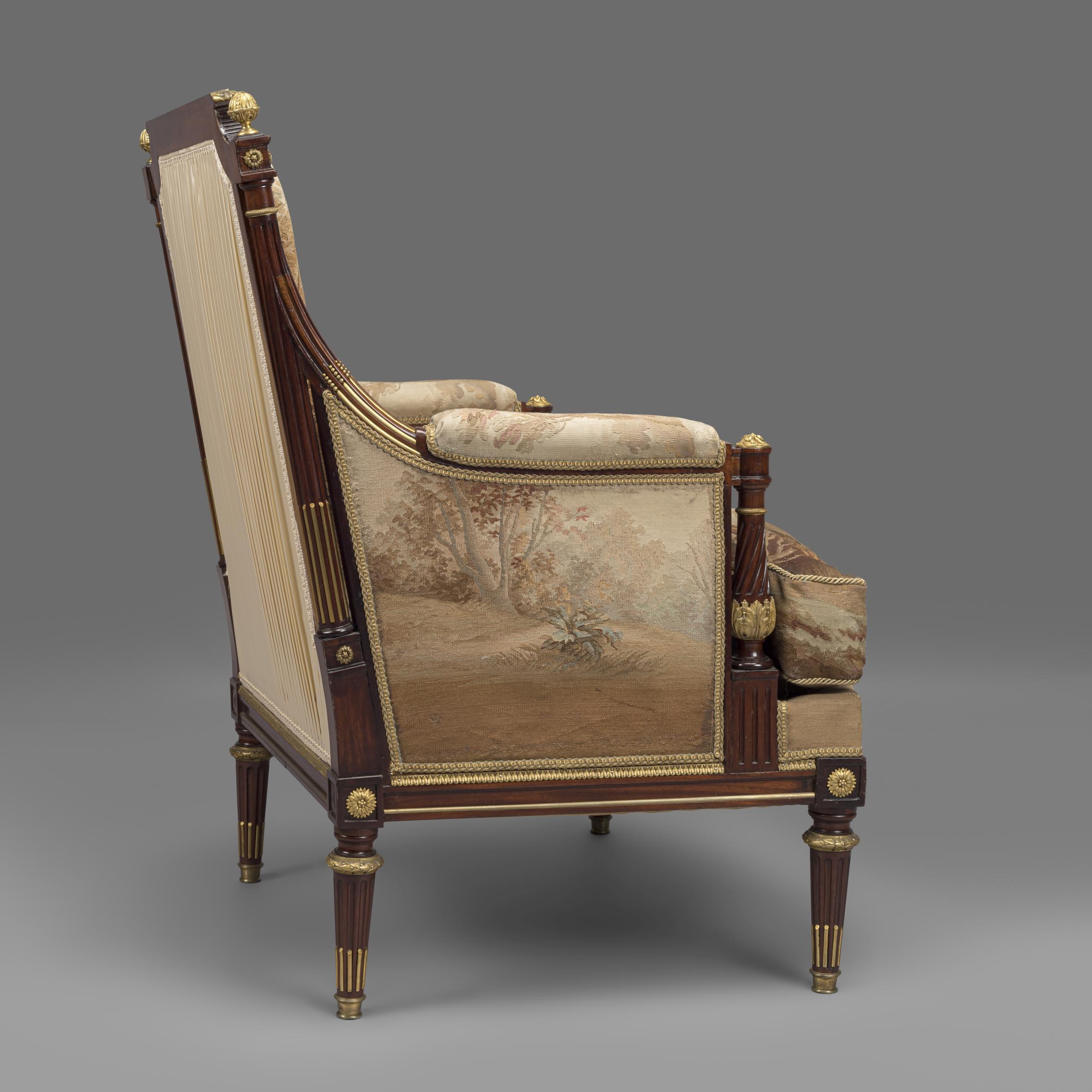 Gilt Louis XVI Style Mahogany and Aubusson Tapestry Bergeres. French, circa 1880