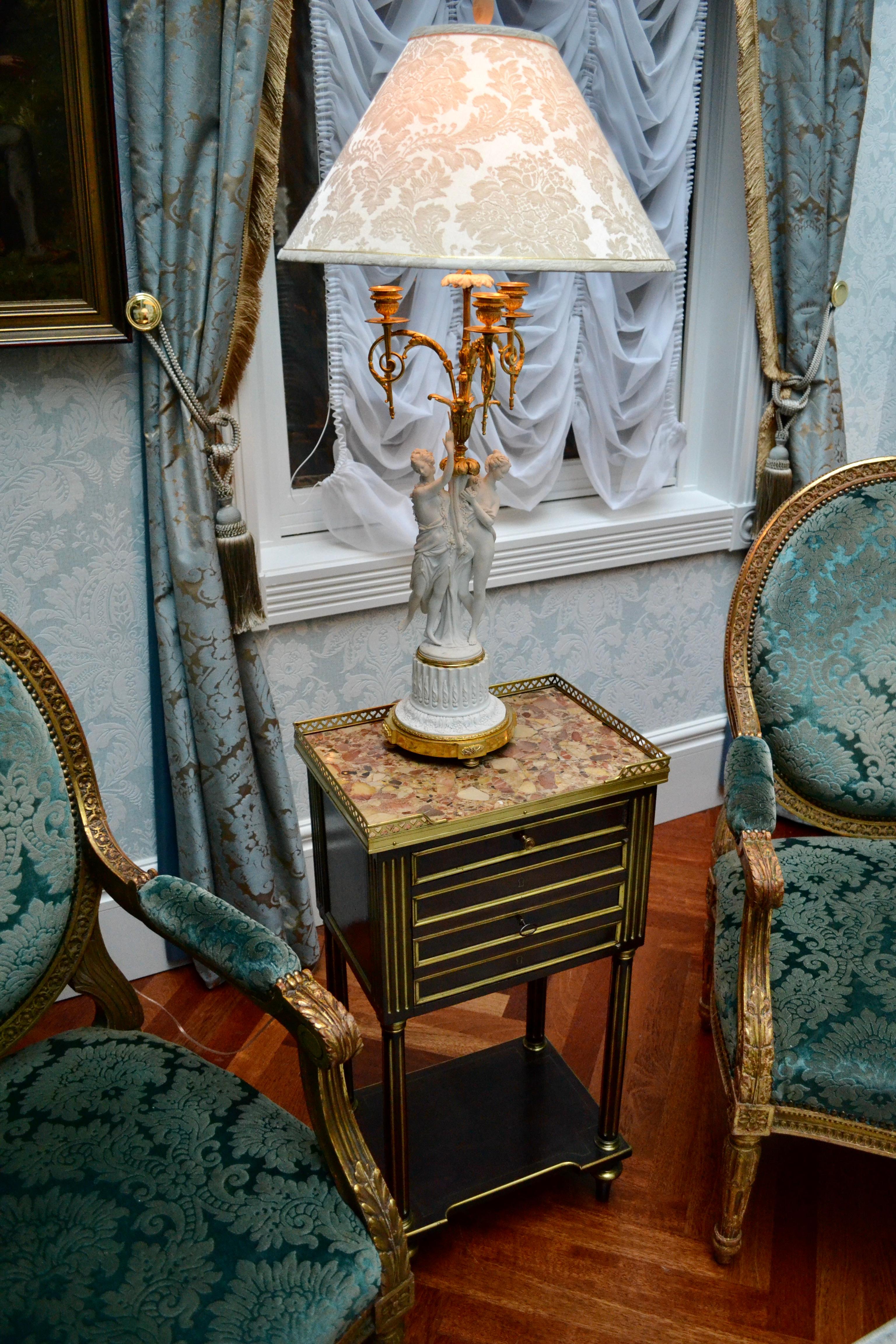 French Louis XVI Style Mahogany and Gilt Bronze Marble topped Humidor and Side Table For Sale