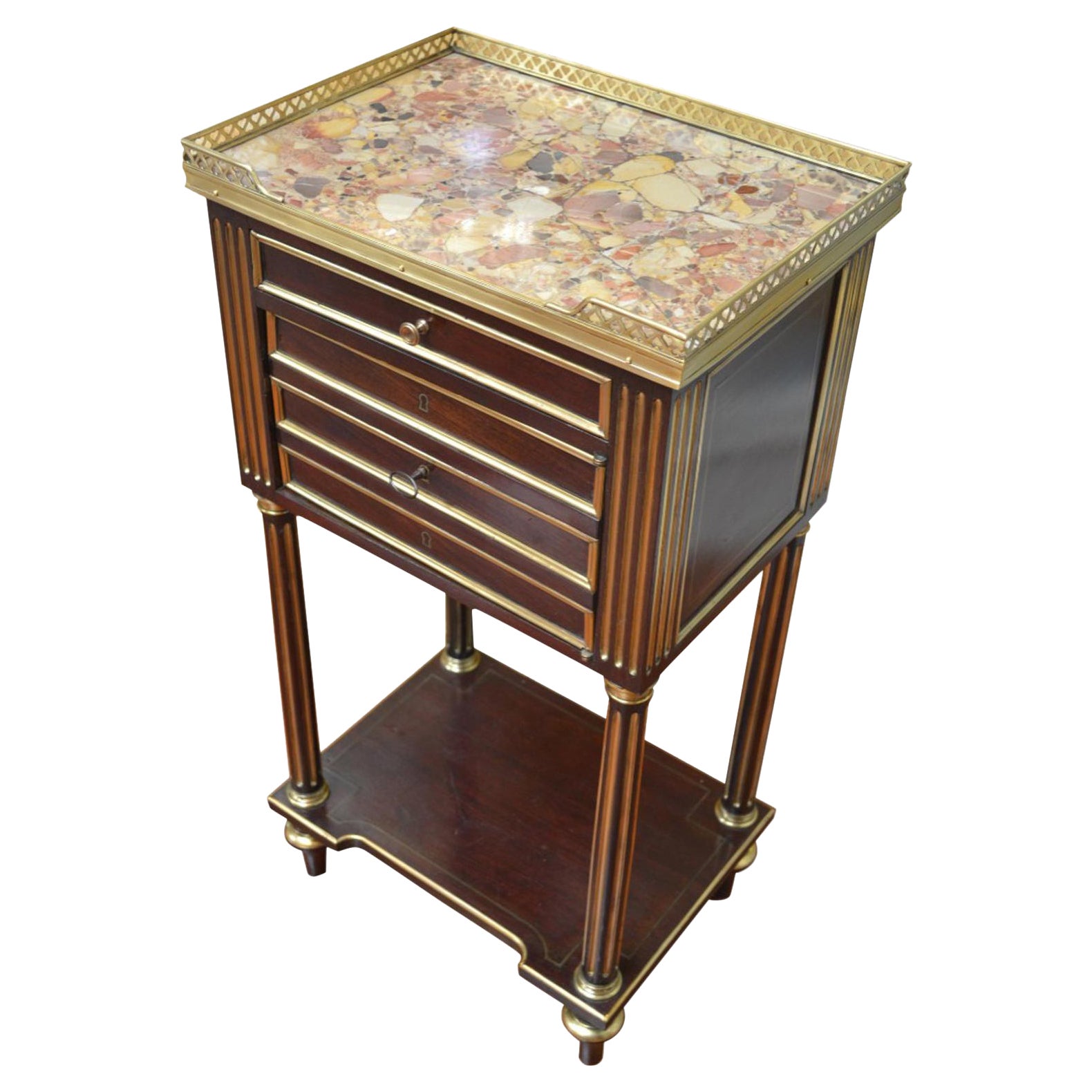 Humidificateur et table d'appoint de style Louis XVI en acajou et plateau en marbre doré et bronze doré en vente