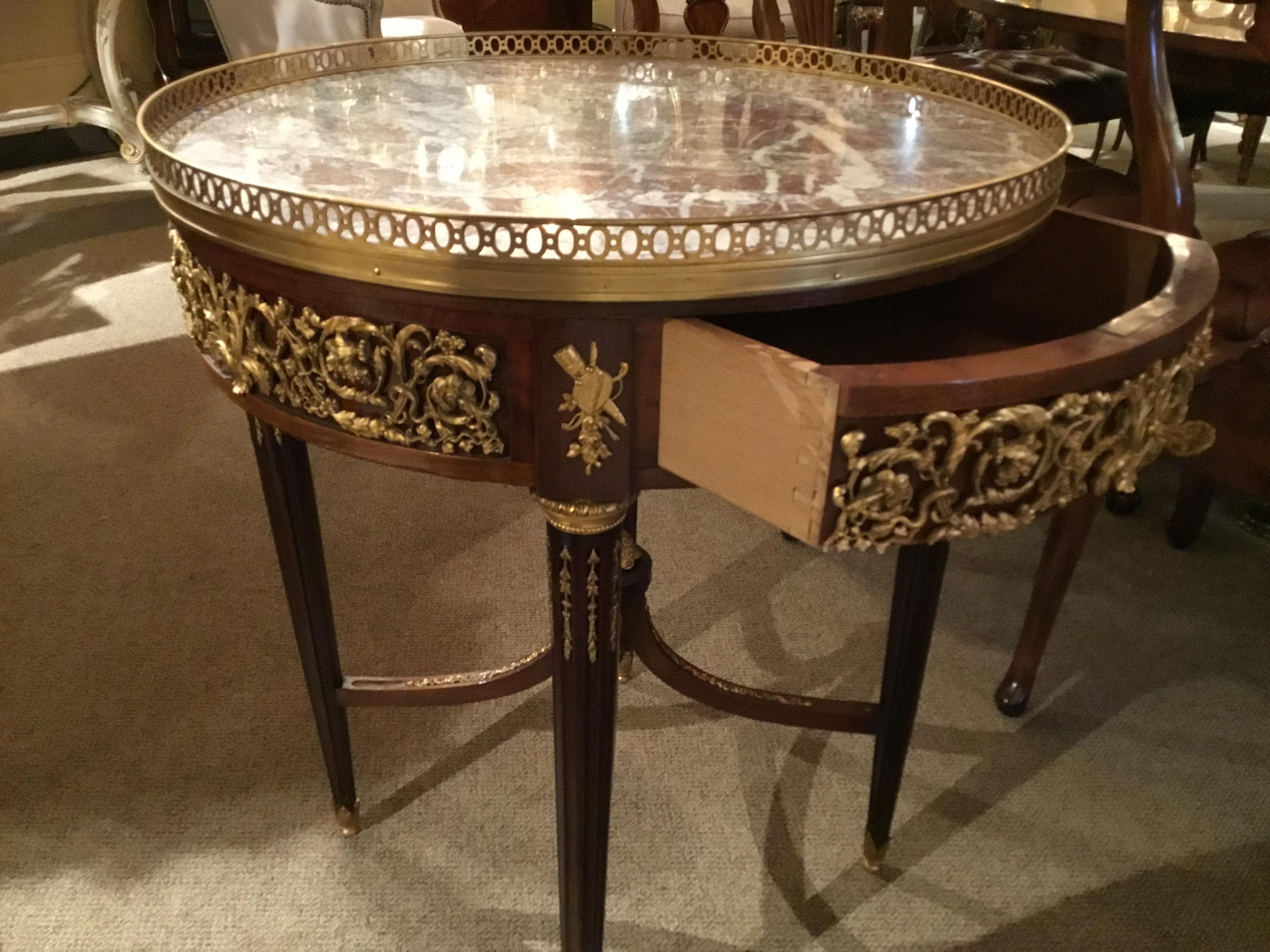 French Louis XVI-Style Mahogany and Marble-Top Center Table, Ormolu Gilt Bronze Mounts
