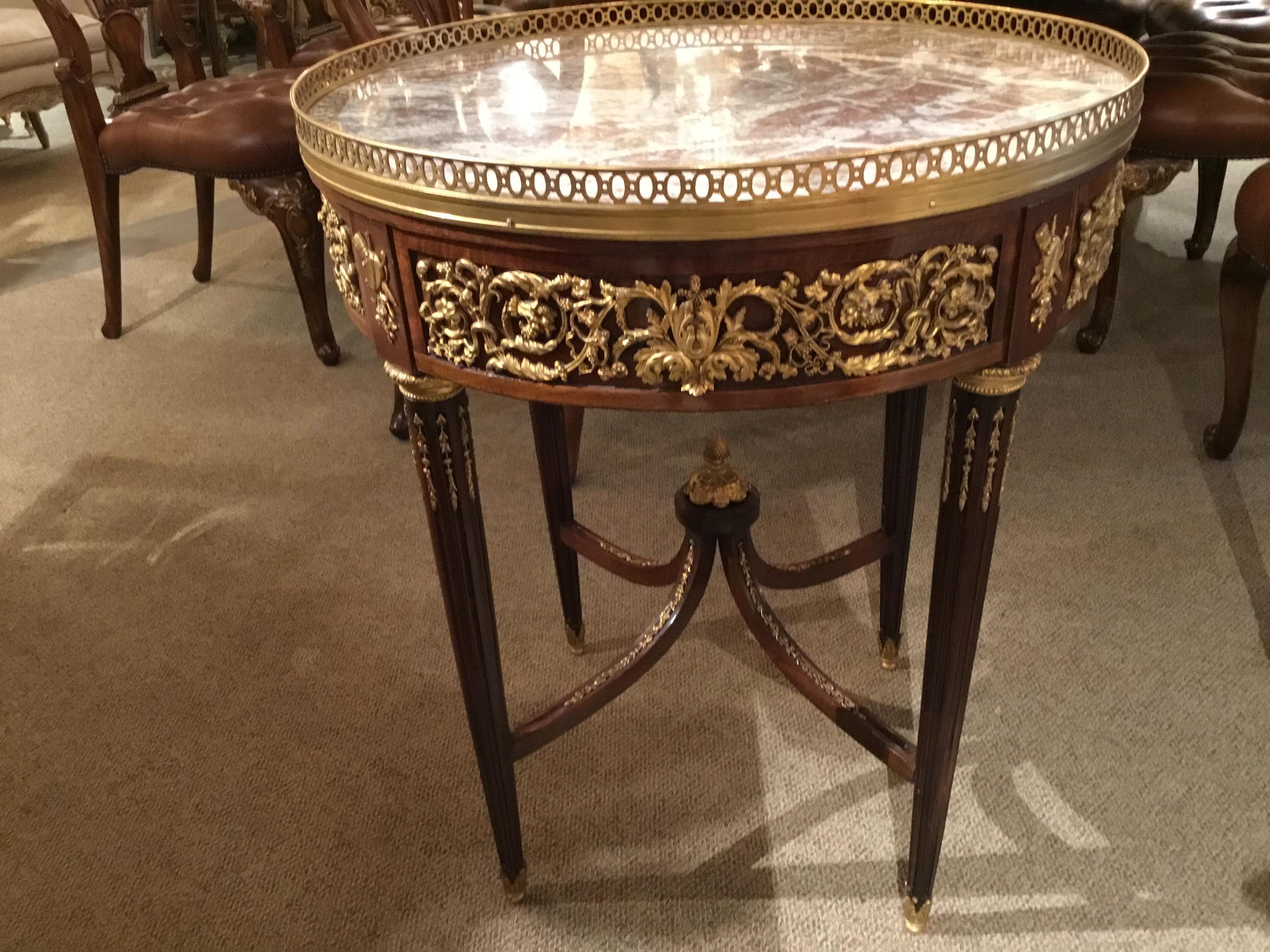 20th Century Louis XVI-Style Mahogany and Marble-Top Center Table, Ormolu Gilt Bronze Mounts