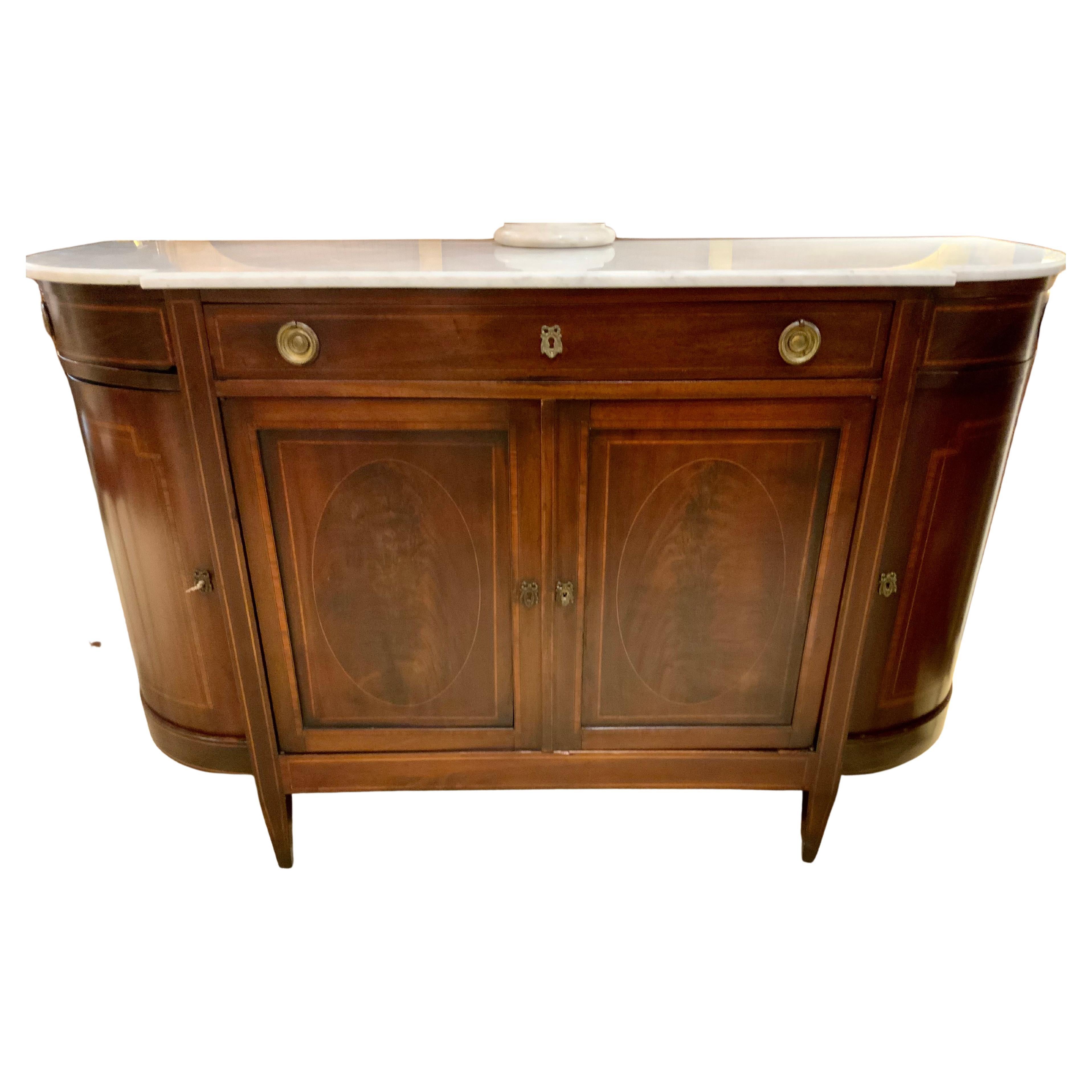Louis XVI, Style Mahogany Buffet with White Marble Top, Demilune