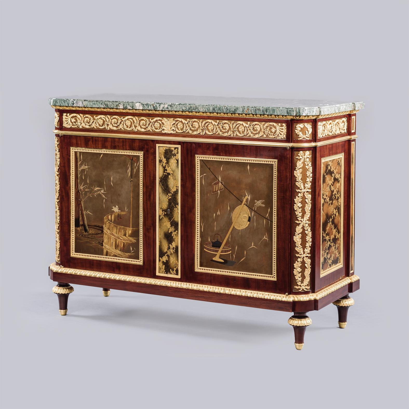 An exceptional Louis XVI style gilt-bronze and lacquer mounted mahogany commode À Vantaux by Alfred-Emmanuel-Louis Beurdeley.

Stamped to the carcass with a 'marque au feu' for ‘A BEURDELEY A PARIS’. 

This elegant and sophisticated mahogany commode