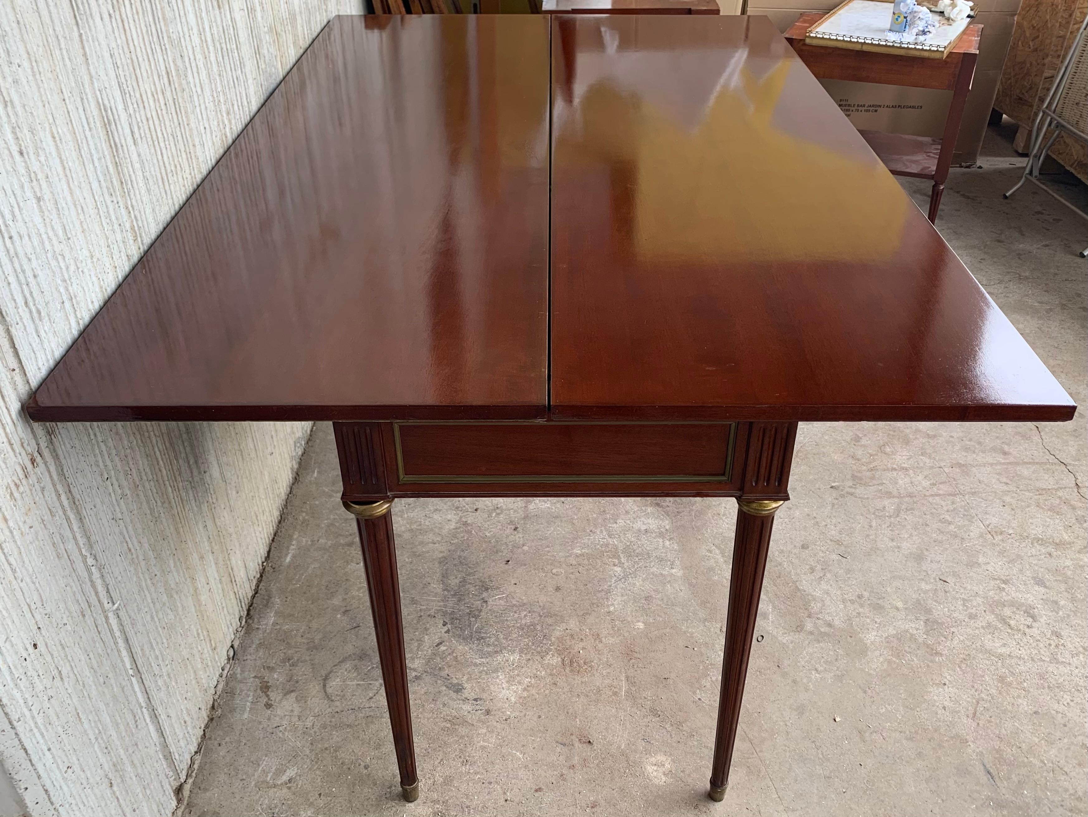 Leather Louis XVI Style Mahogany Convertible Console, Dining Table with Brass Trim For Sale