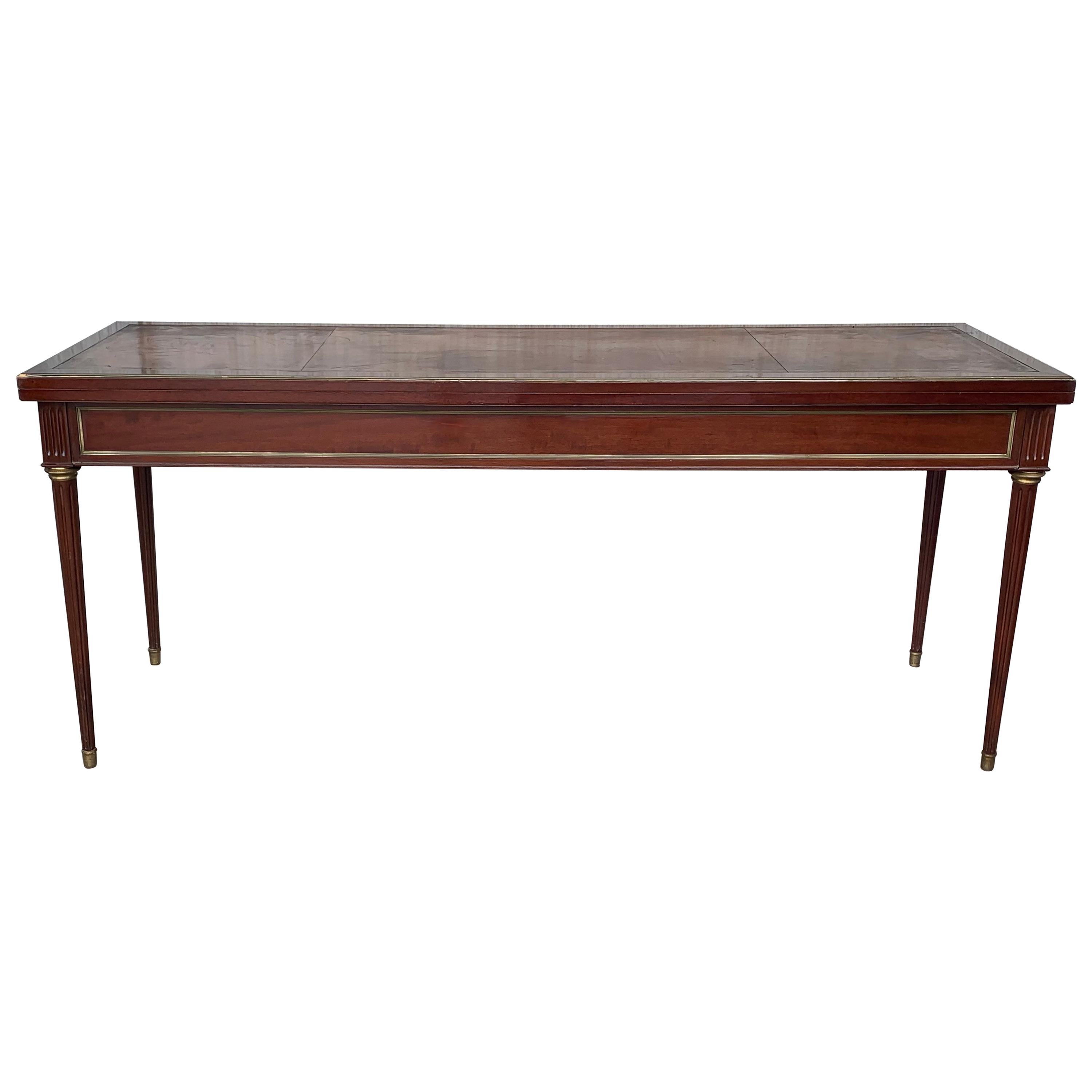 Louis XVI Style Mahogany Convertible Console, Dining Table with Brass Trim For Sale