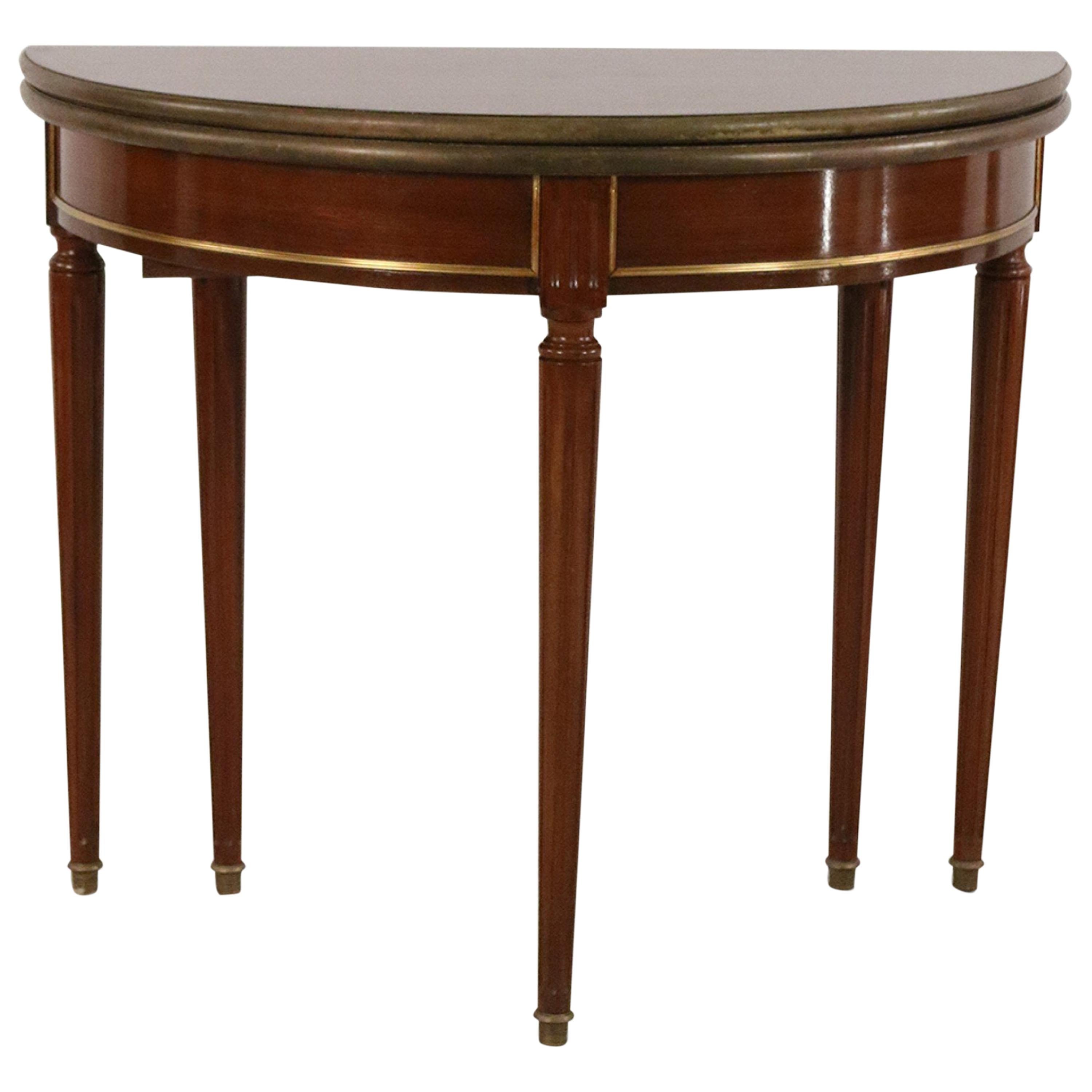 Louis XVI Style Mahogany Convertible Demilune Table with Brass Trim For Sale