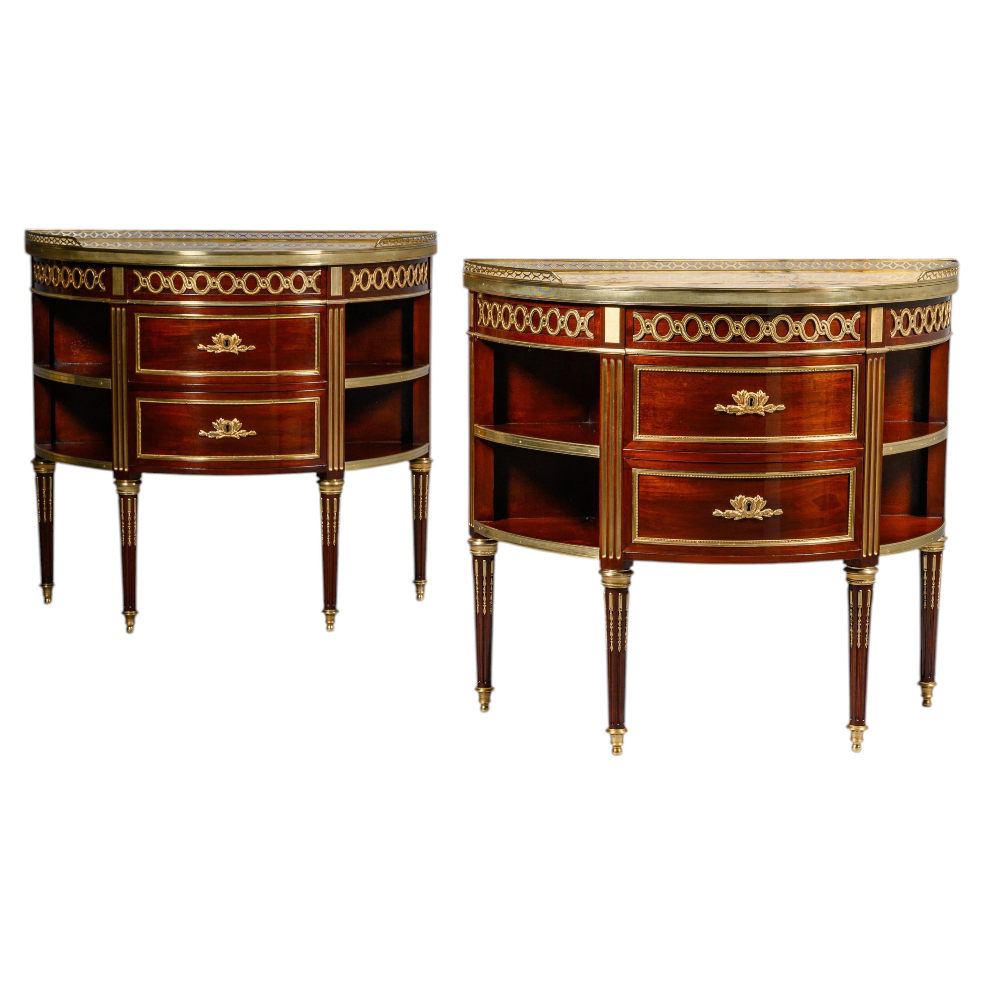 Louis XVI Style Mahogany Demi-Lune Commodes, Gilt-Bronze, Circa 1870