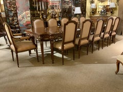 Louis XVI-Style Mahogany Dining Table with 12 Chairs, Marquetry Inlay Gilt Trim