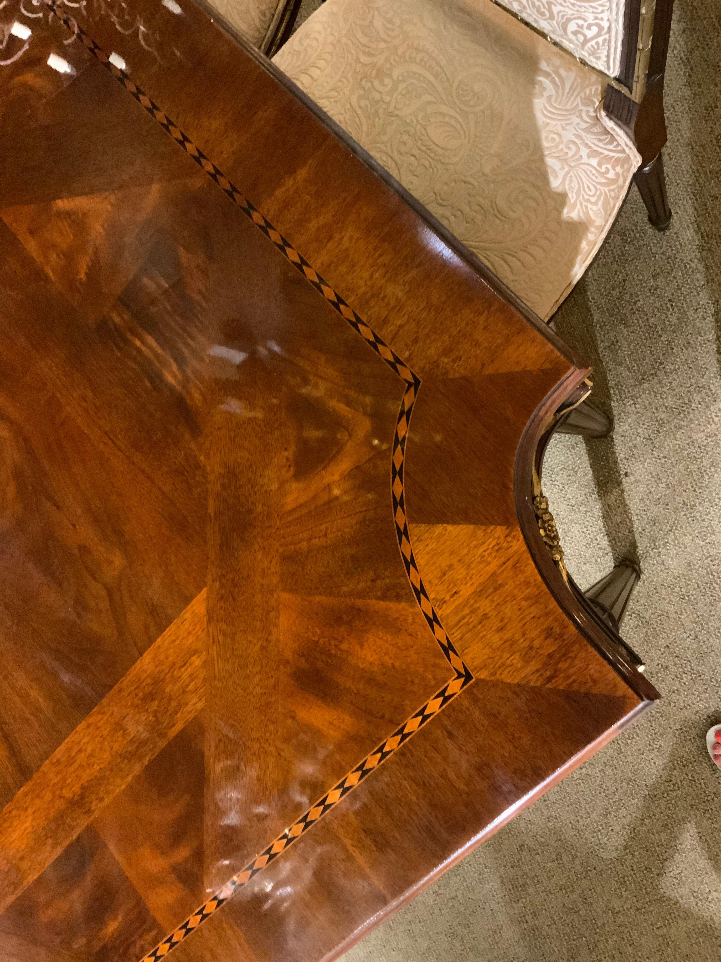 20th Century Louis XVI-Style Mahogany Dining Table with 12 Chairs, Marquetry Inlay Gilt Trim