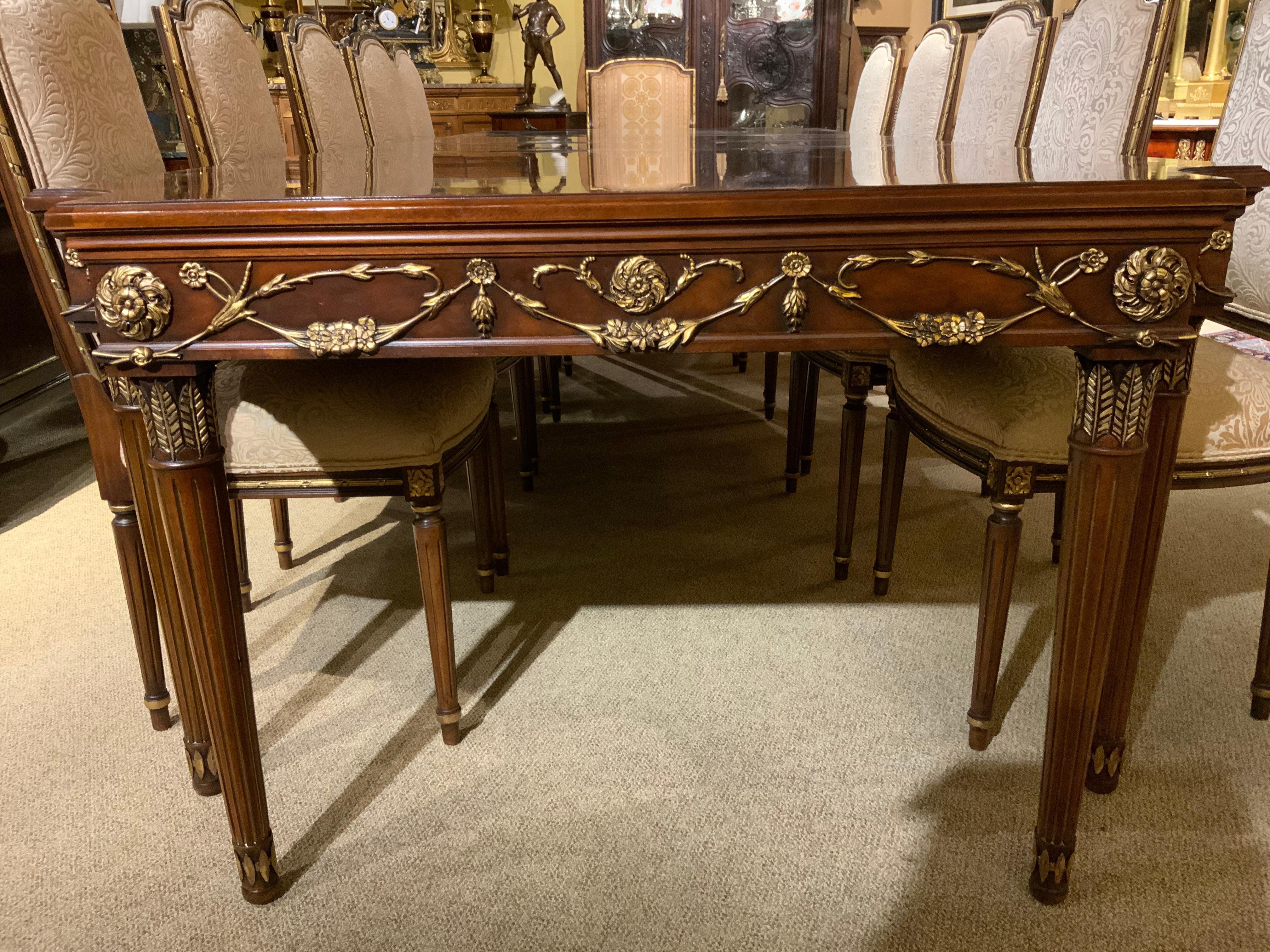 Louis XVI-Style Mahogany Dining Table with 12 Chairs, Marquetry Inlay Gilt Trim 1