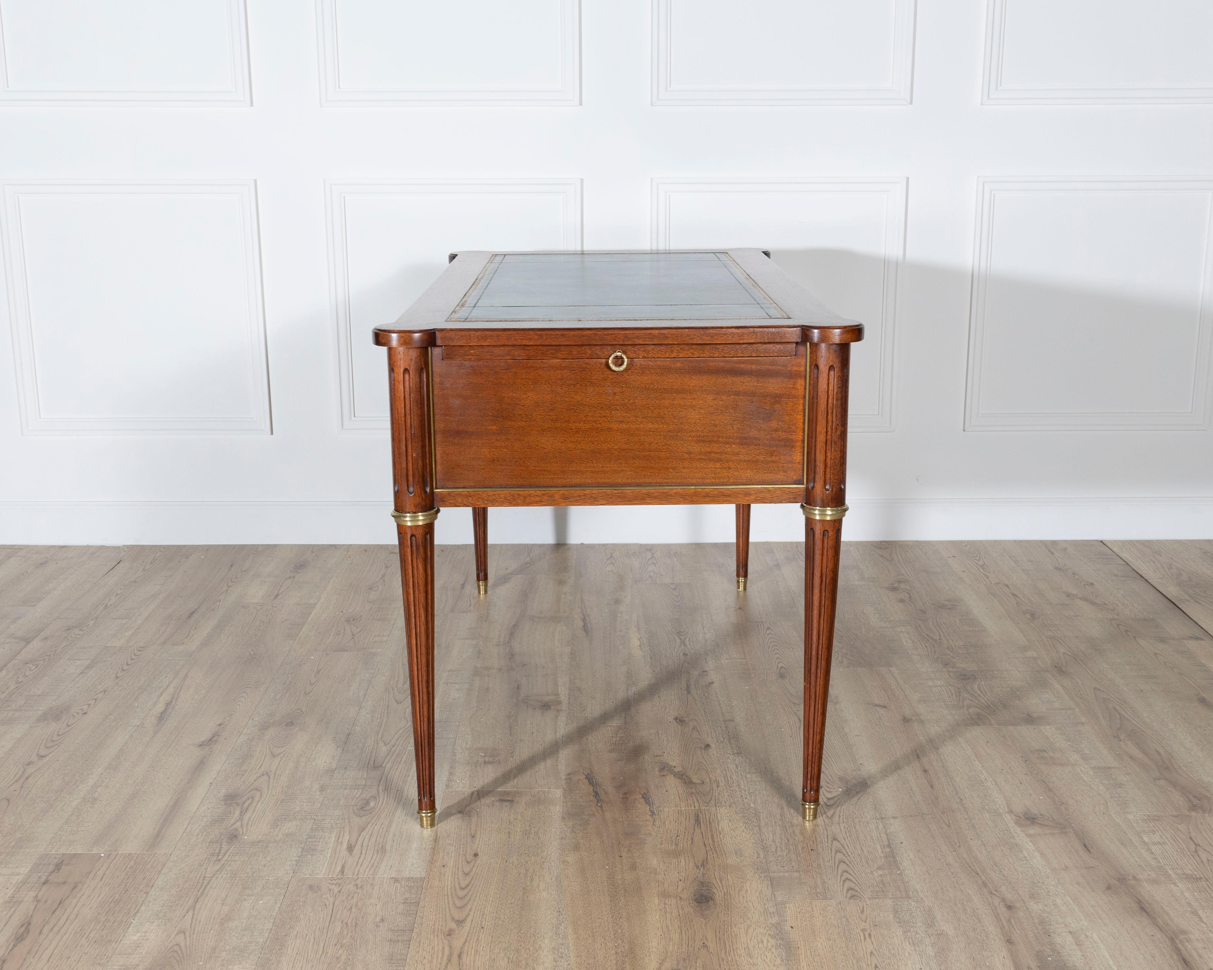 Louis XVI Style Mahogany Flat Desk with Brass Detailing and Green Leather Top For Sale 5