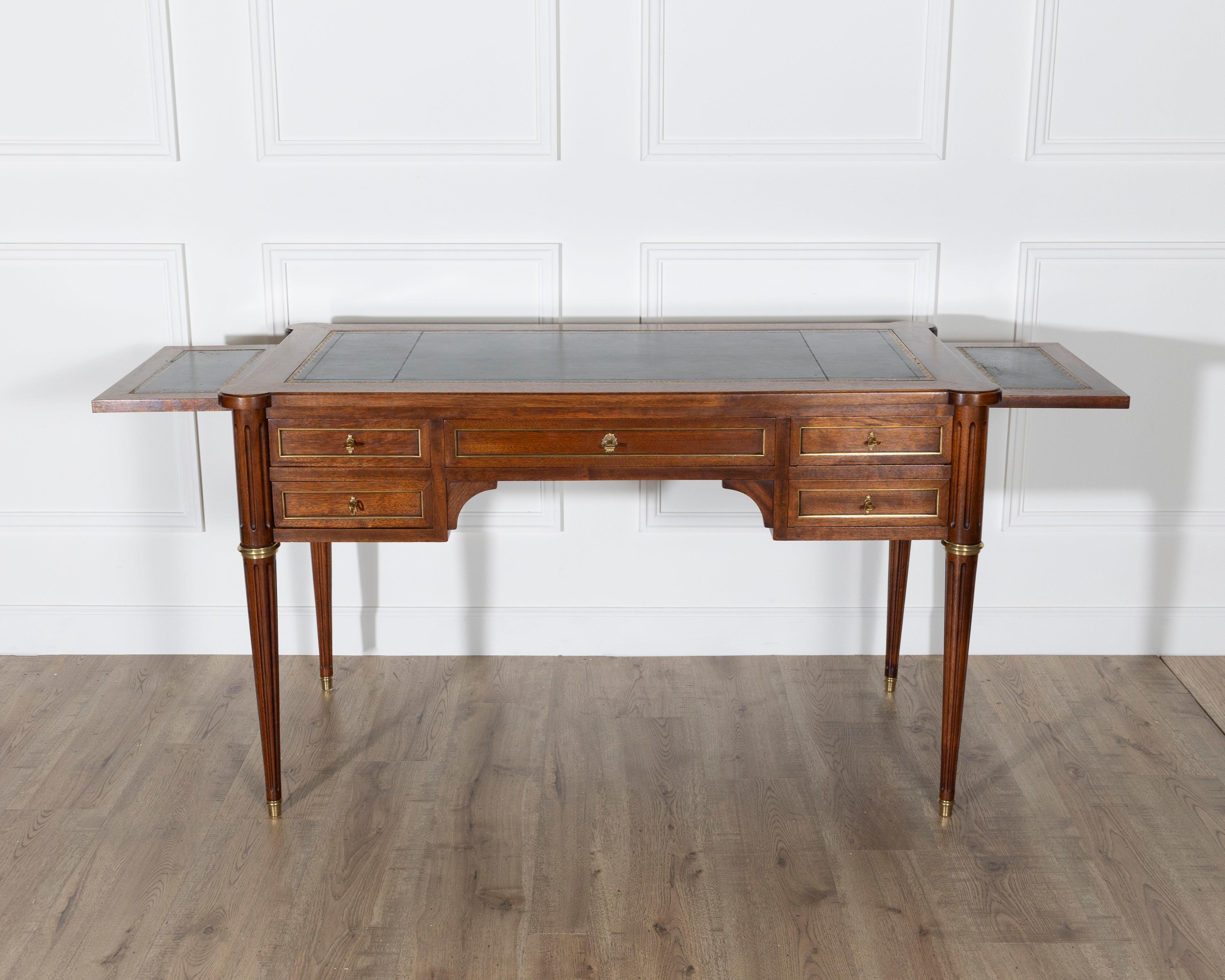 French Louis XVI Style Mahogany Flat Desk with Brass Detailing and Green Leather Top For Sale