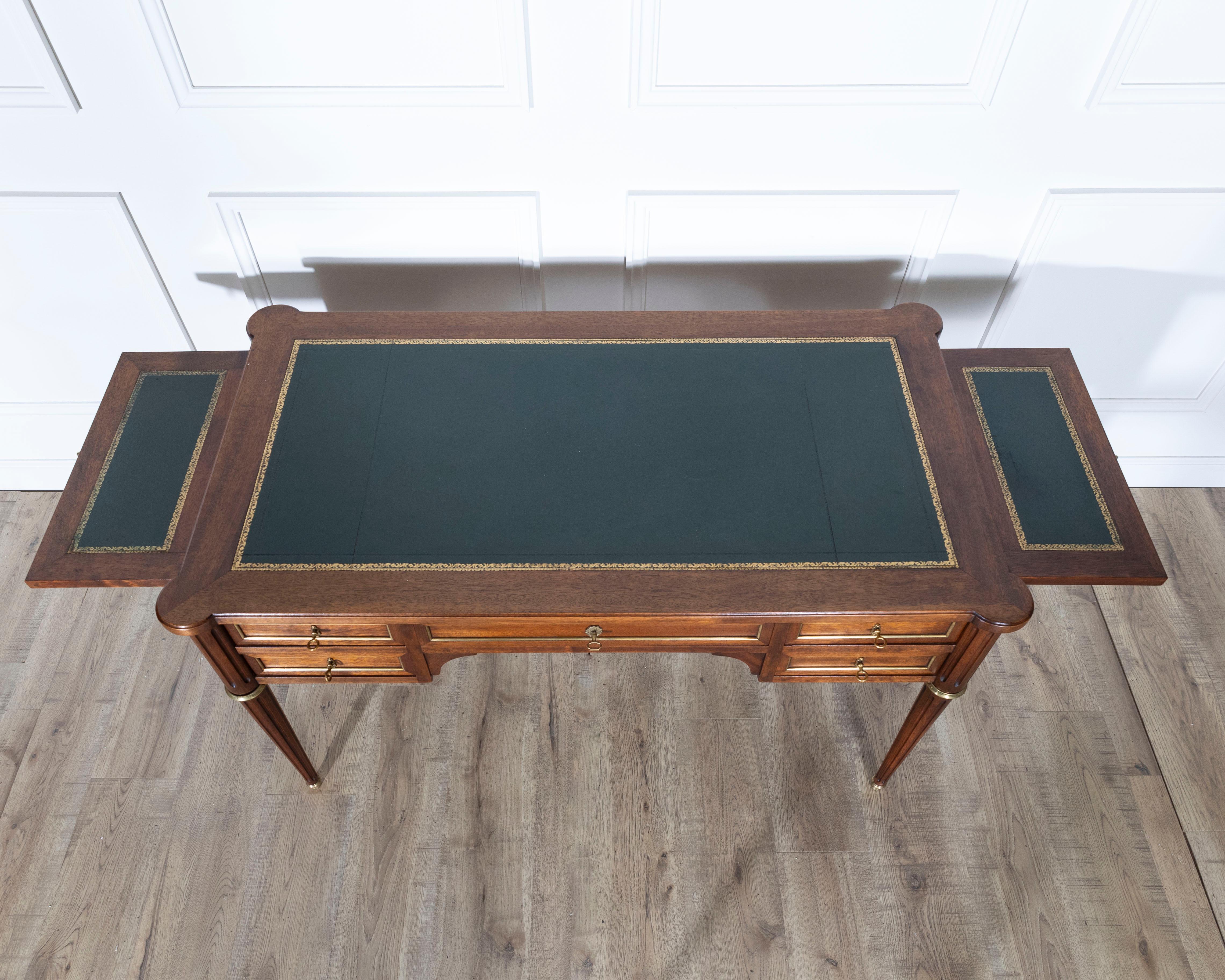 Louis XVI Style Mahogany Flat Desk with Brass Detailing and Green Leather Top In Good Condition For Sale In Atlanta, GA