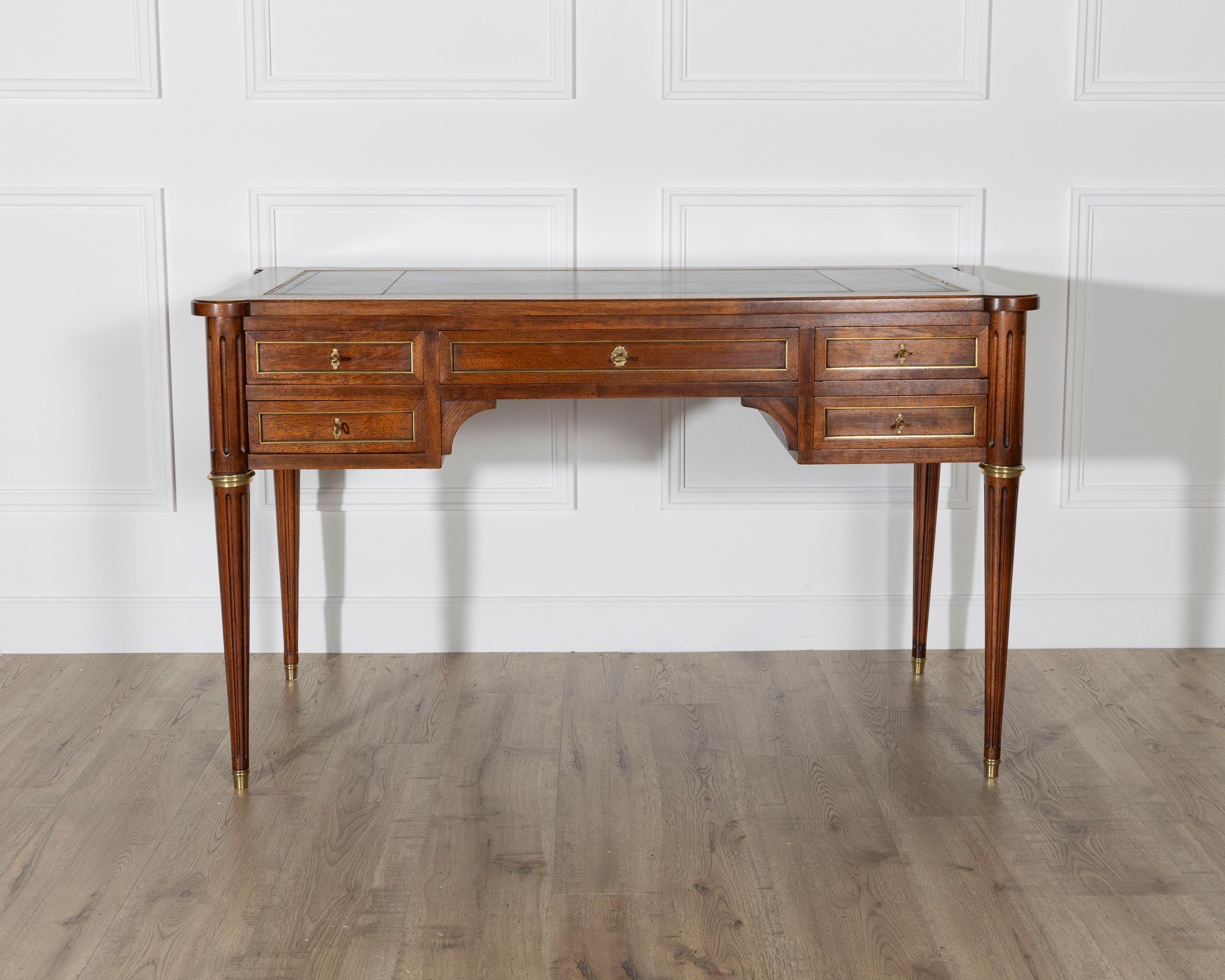 20th Century Louis XVI Style Mahogany Flat Desk with Brass Detailing and Green Leather Top For Sale