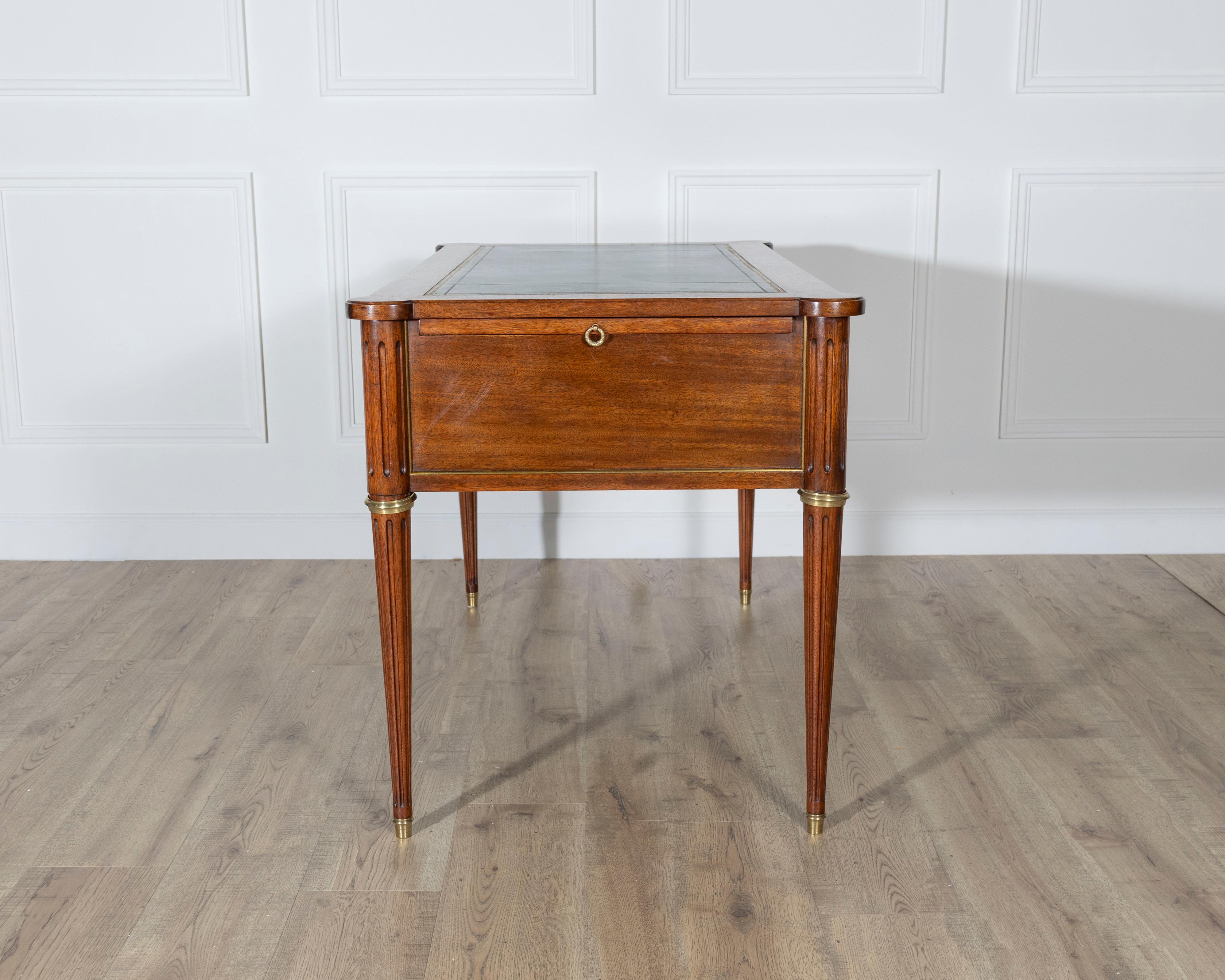 Louis XVI Style Mahogany Flat Desk with Brass Detailing and Green Leather Top For Sale 3
