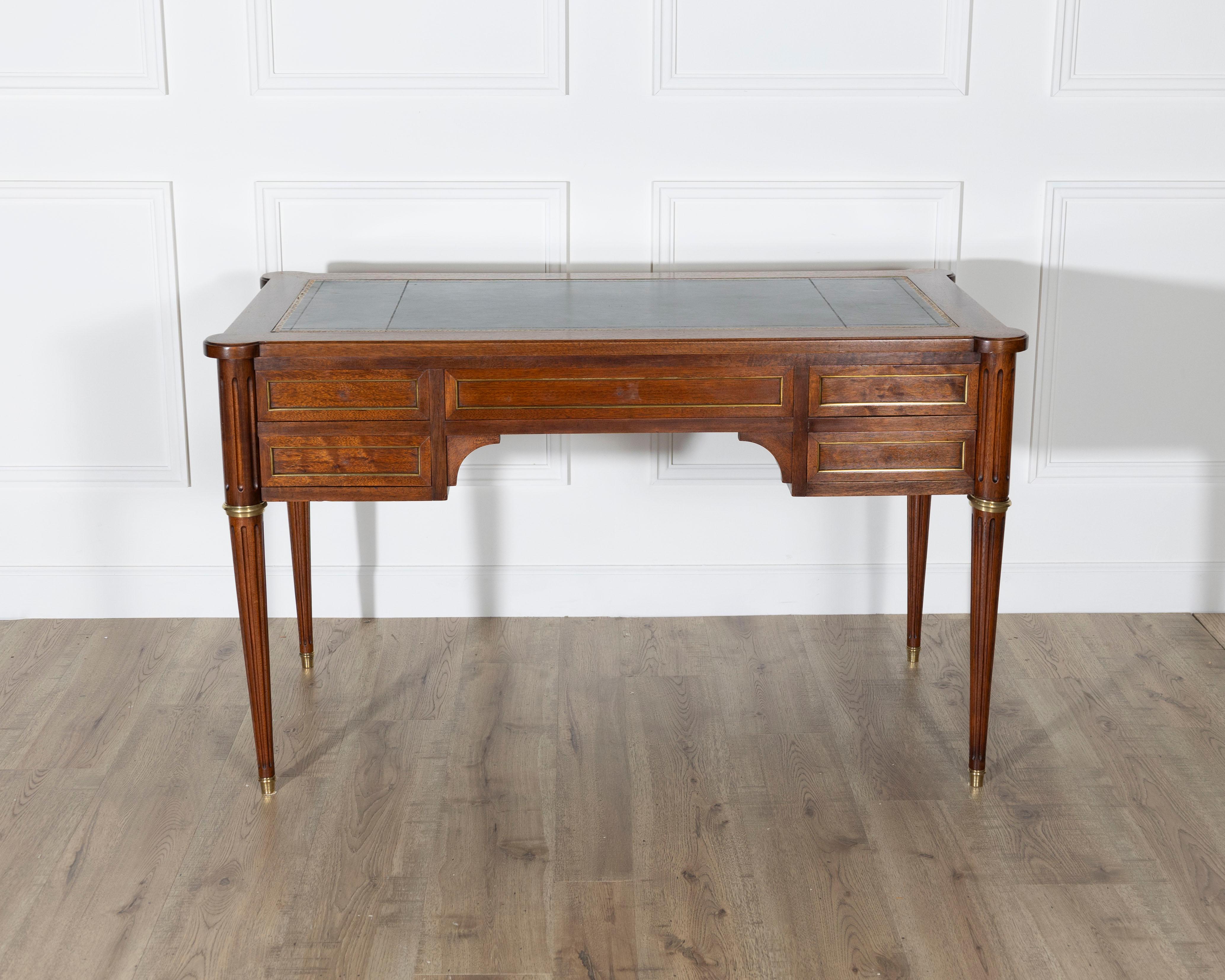 Louis XVI Style Mahogany Flat Desk with Brass Detailing and Green Leather Top For Sale 4