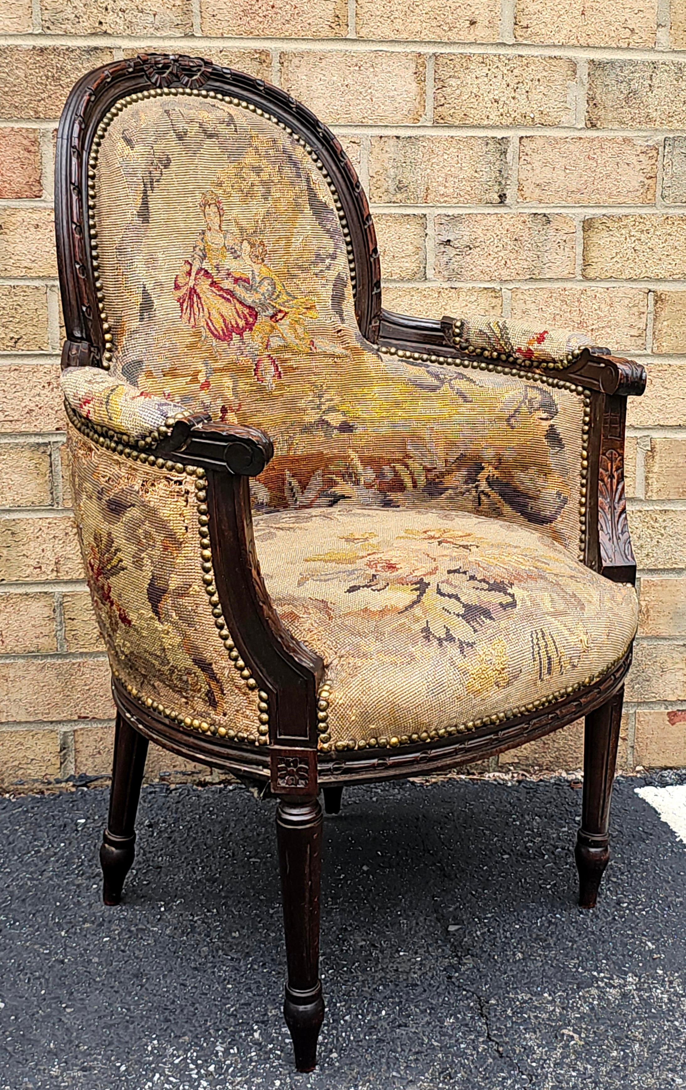 Mahagoni im Louis XVI-Stil und flämische Nadelspitze Bergère, um 1880 (Handgeschnitzt) im Angebot