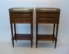 Louis XVI Style Mahogany, Marble & Brass Side Tables - France - Circa 1920
