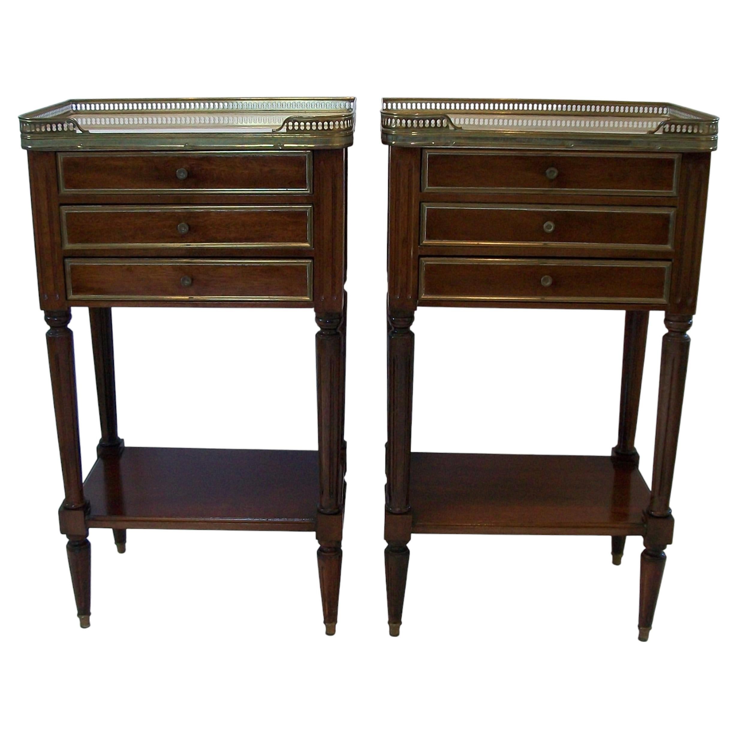 Louis XVI Style Mahogany, Marble & Brass Side Tables - France - Circa 1920 For Sale