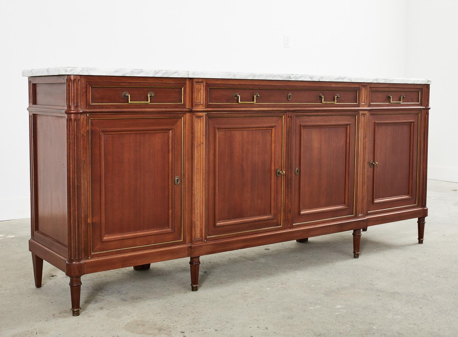 French Louis XVI Style Mahogany Marble Top Enfilade Sideboard Server