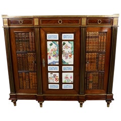 Louis XVI Style Mahogany Porcelain Inset Cabinet with Marble Top