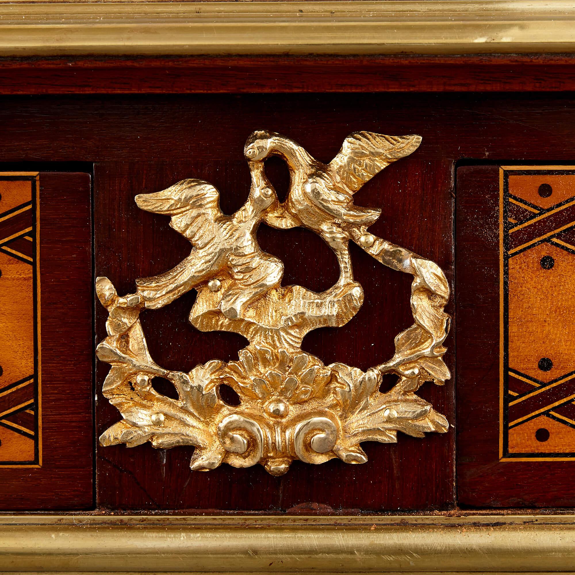 English Louis XVI Style Mahogany, Satinwood, Ebony and Ormolu Writing Desk by D. Ross For Sale