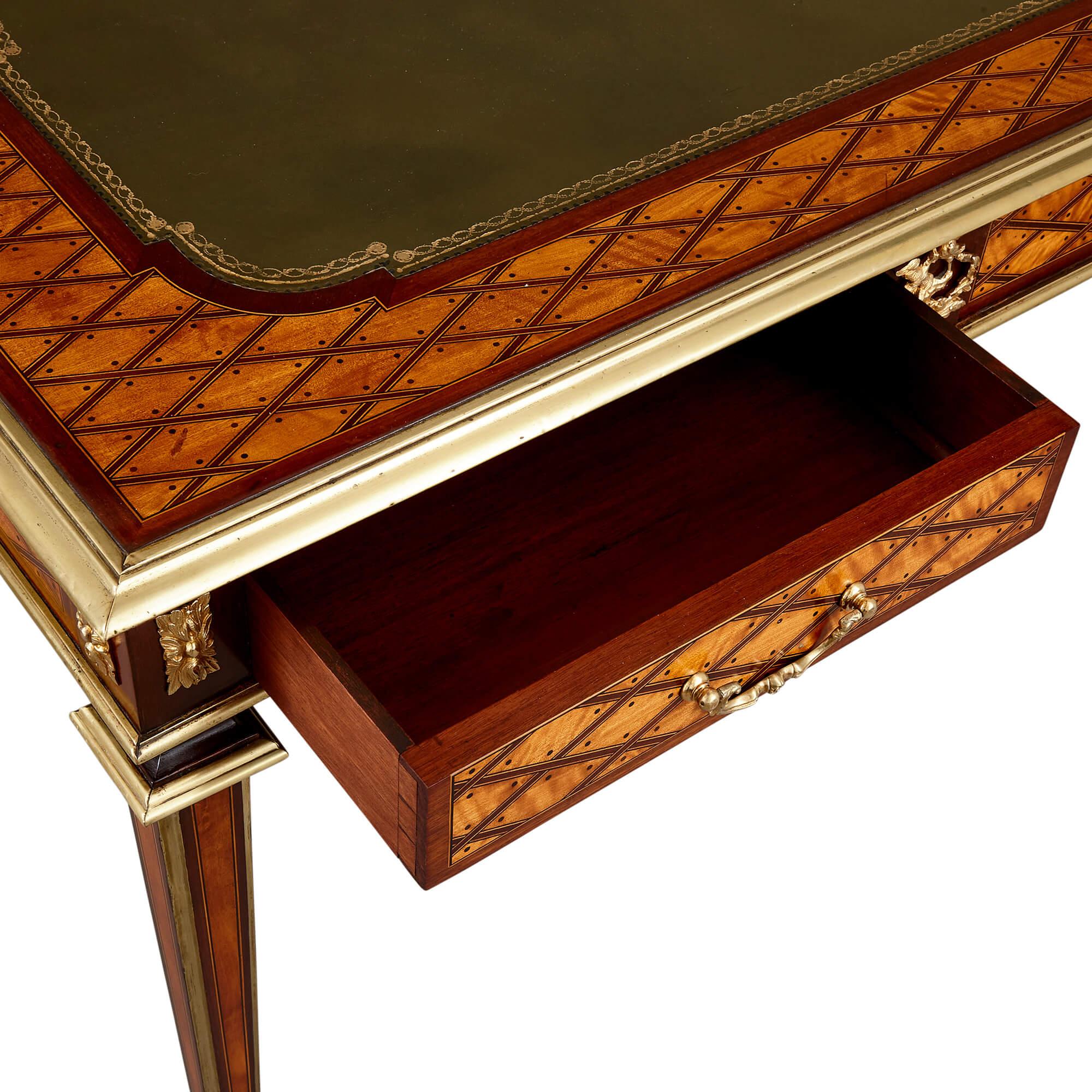 Leather Louis XVI Style Mahogany, Satinwood, Ebony and Ormolu Writing Desk by D. Ross For Sale