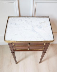 Louis XVI Style Mahogany Side Table with Marble Top and Brass Gallery, 20th Cent