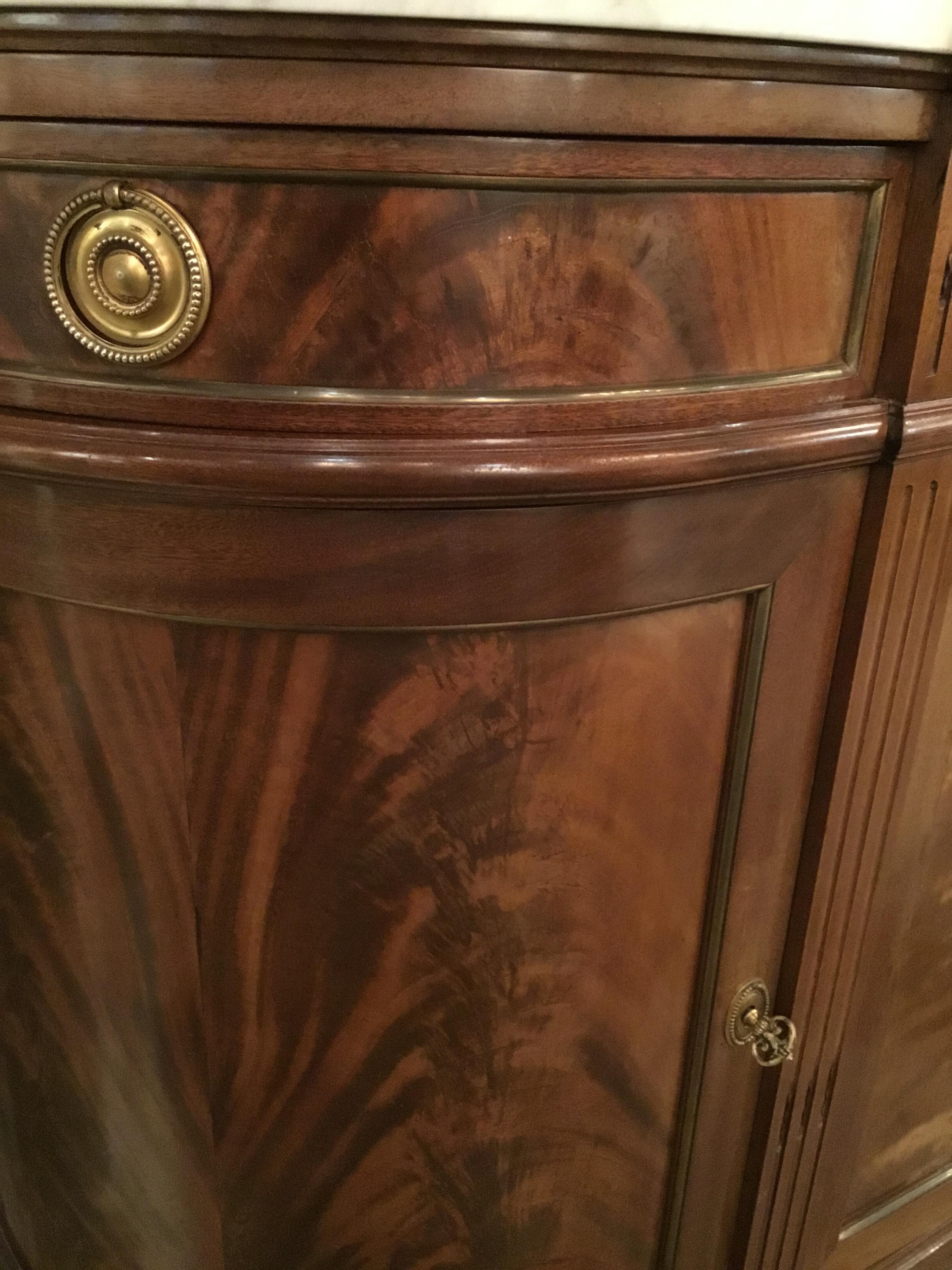 Louis XVI Style Mahogany Sideboard/Buffet with White Marble Top and Curved Side In Good Condition In Houston, TX