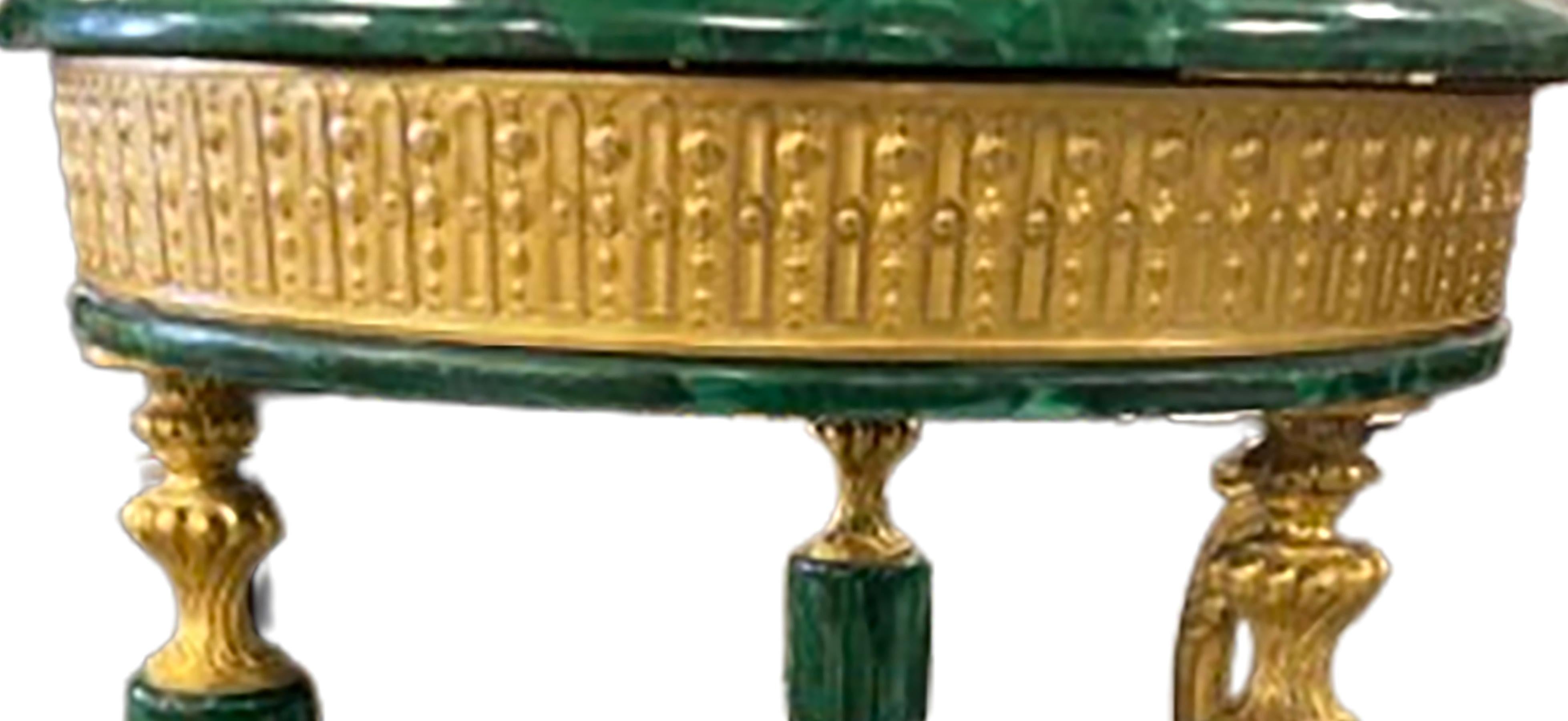 Gilt Louis XVI Style Malachite Occasional Table with Ormolu an Apron of Bell Flowers For Sale