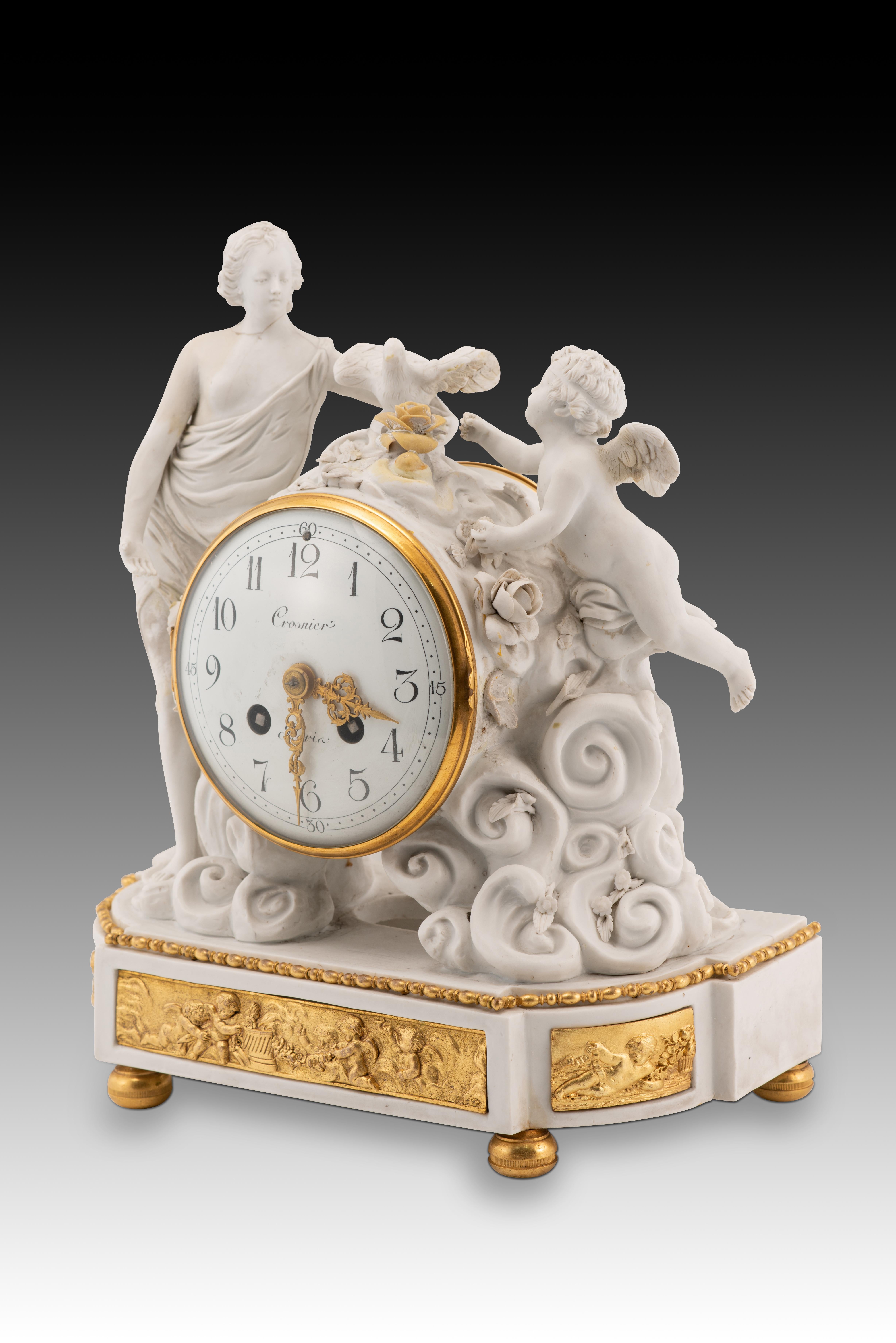 Louis XVI style mantel clock. Biscuit, metal, glass. Crosnier, Paris, France, circa 1900.
 It has defects. 
A table clock made of bisque porcelain with metal fittings, featuring a white dial signed “Crosnier/Paris” with Arabic numerals for the hours