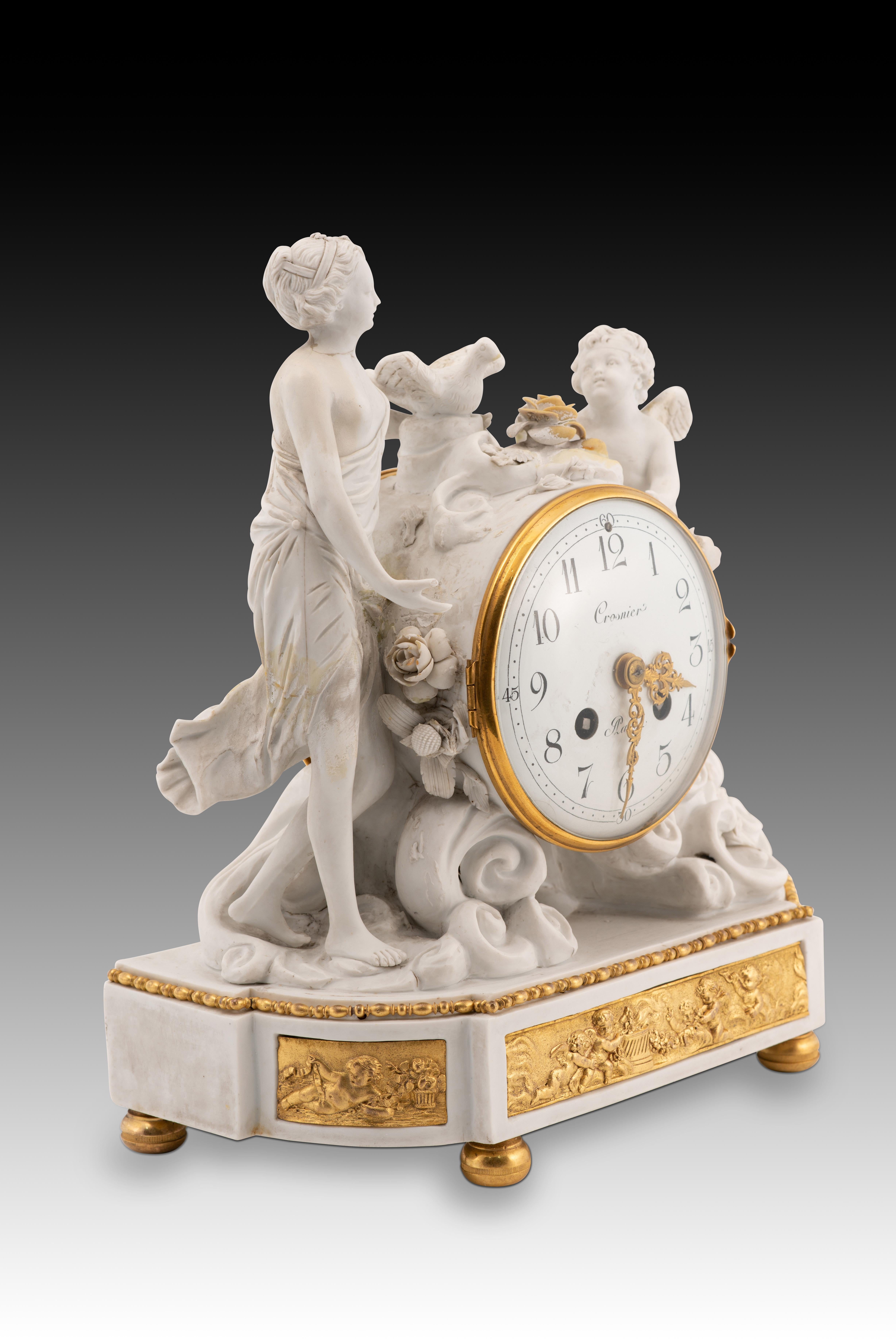 Other Louis XVI style mantel clock. Biscuit, metal, glass. Crosnier, Paris, France For Sale