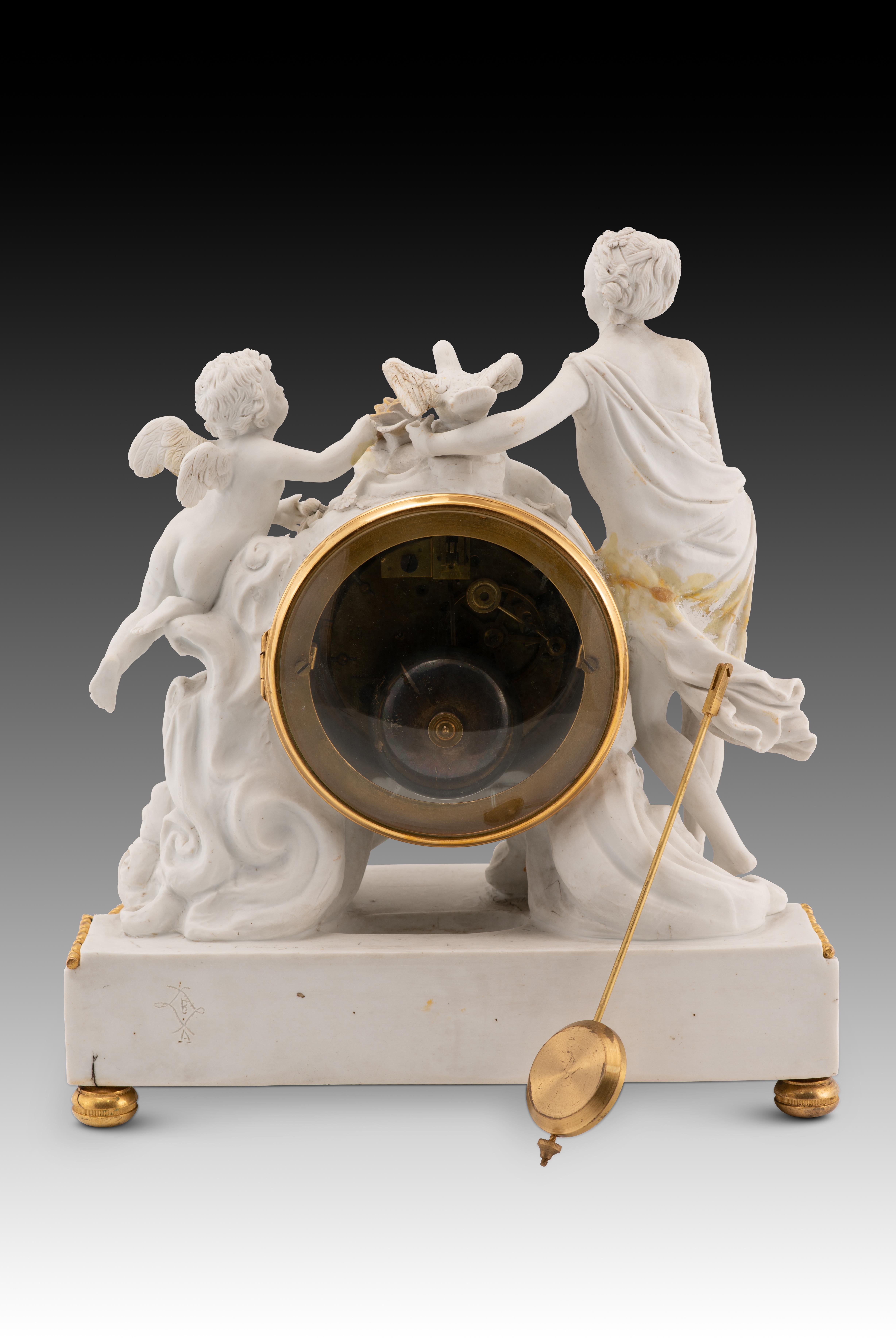 French Louis XVI style mantel clock. Biscuit, metal, glass. Crosnier, Paris, France For Sale