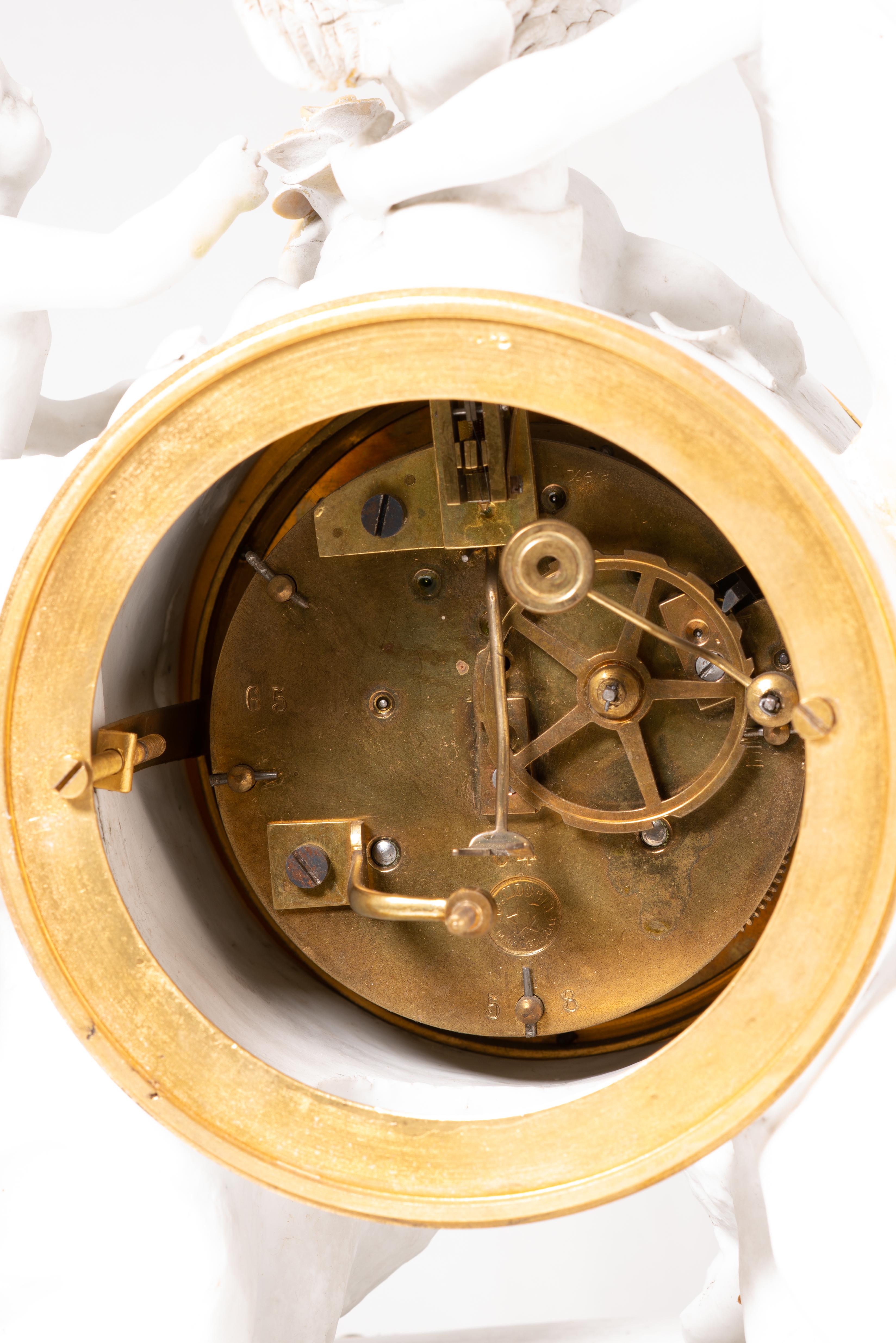 20th Century Louis XVI style mantel clock. Biscuit, metal, glass. Crosnier, Paris, France For Sale