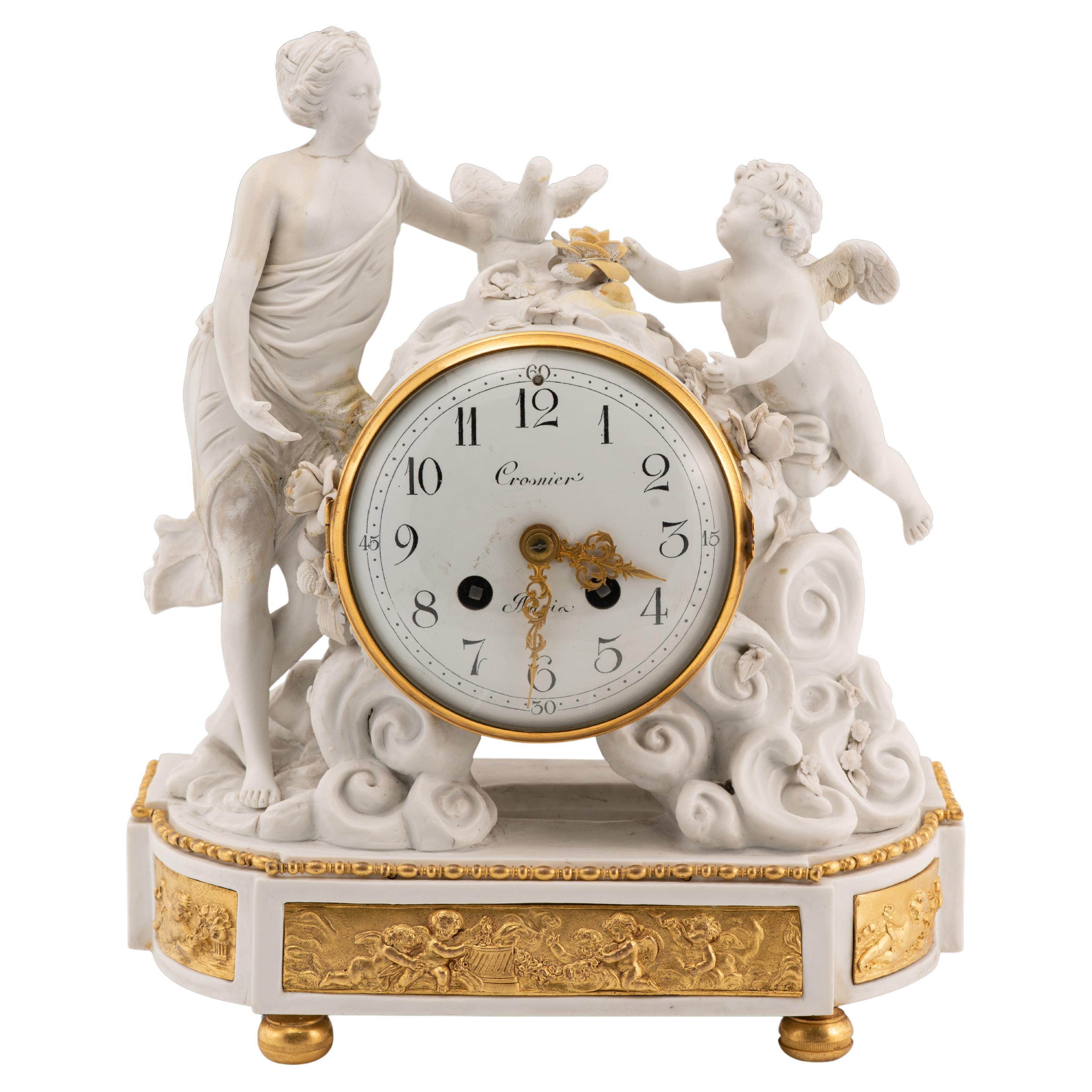 Louis XVI style mantel clock. Biscuit, metal, glass. Crosnier, Paris, France