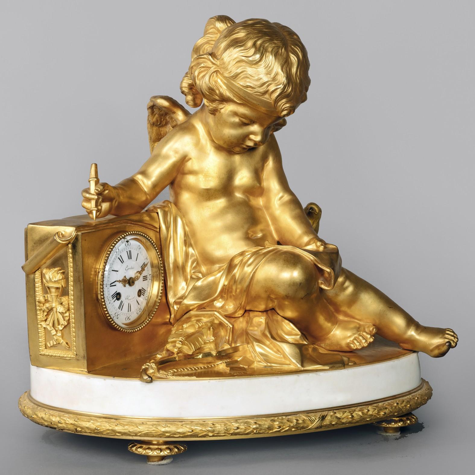 Eine große und außergewöhnliche figurale Kaminuhr im Louis XVI-Stil aus vergoldeter Bronze und weißem Marmor von Grohé Frères, Paris.

Das Zifferblatt ist mit 