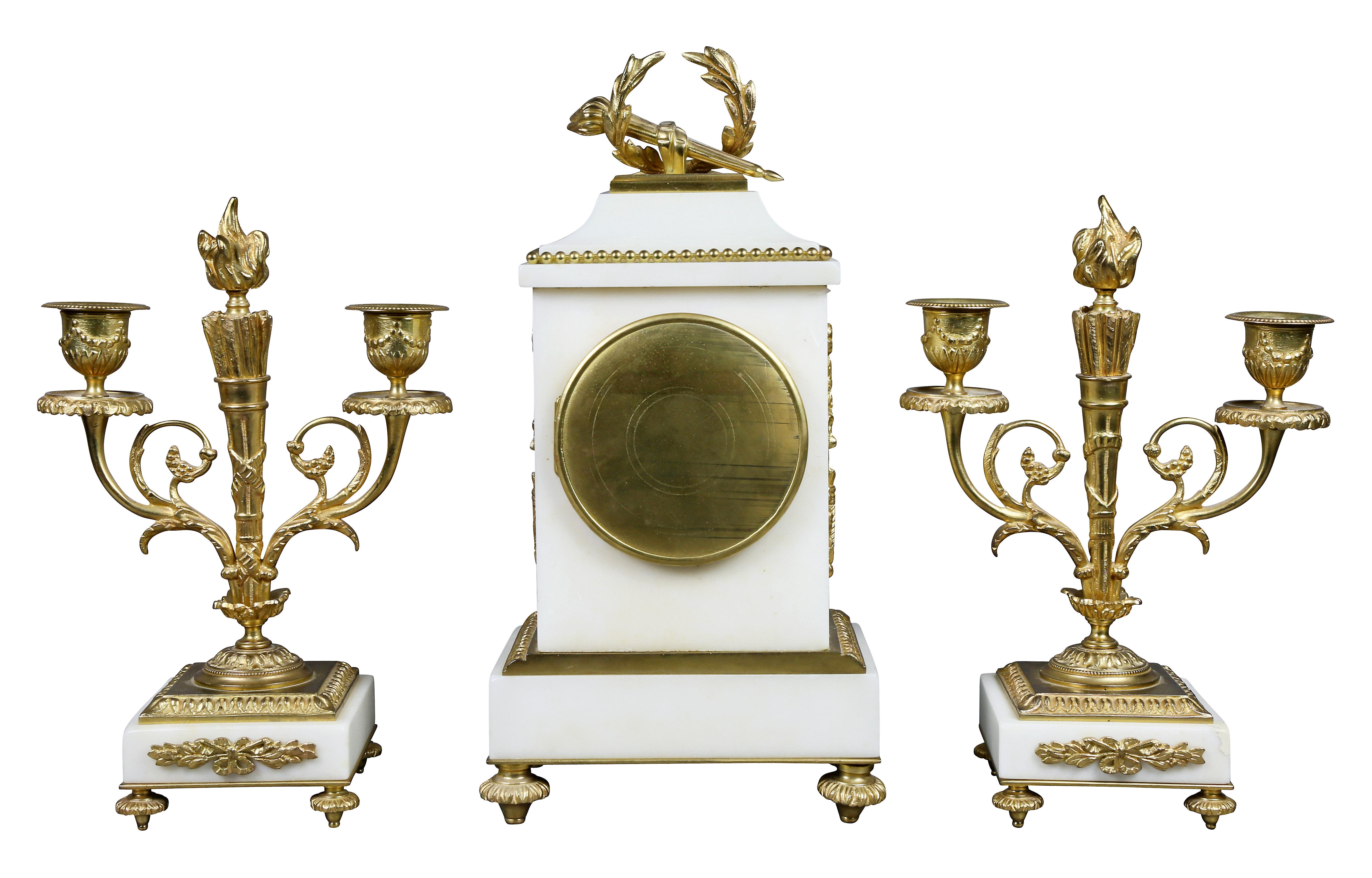 Louis XVI Style Marble and Bronze Clock Garniture For Sale 5