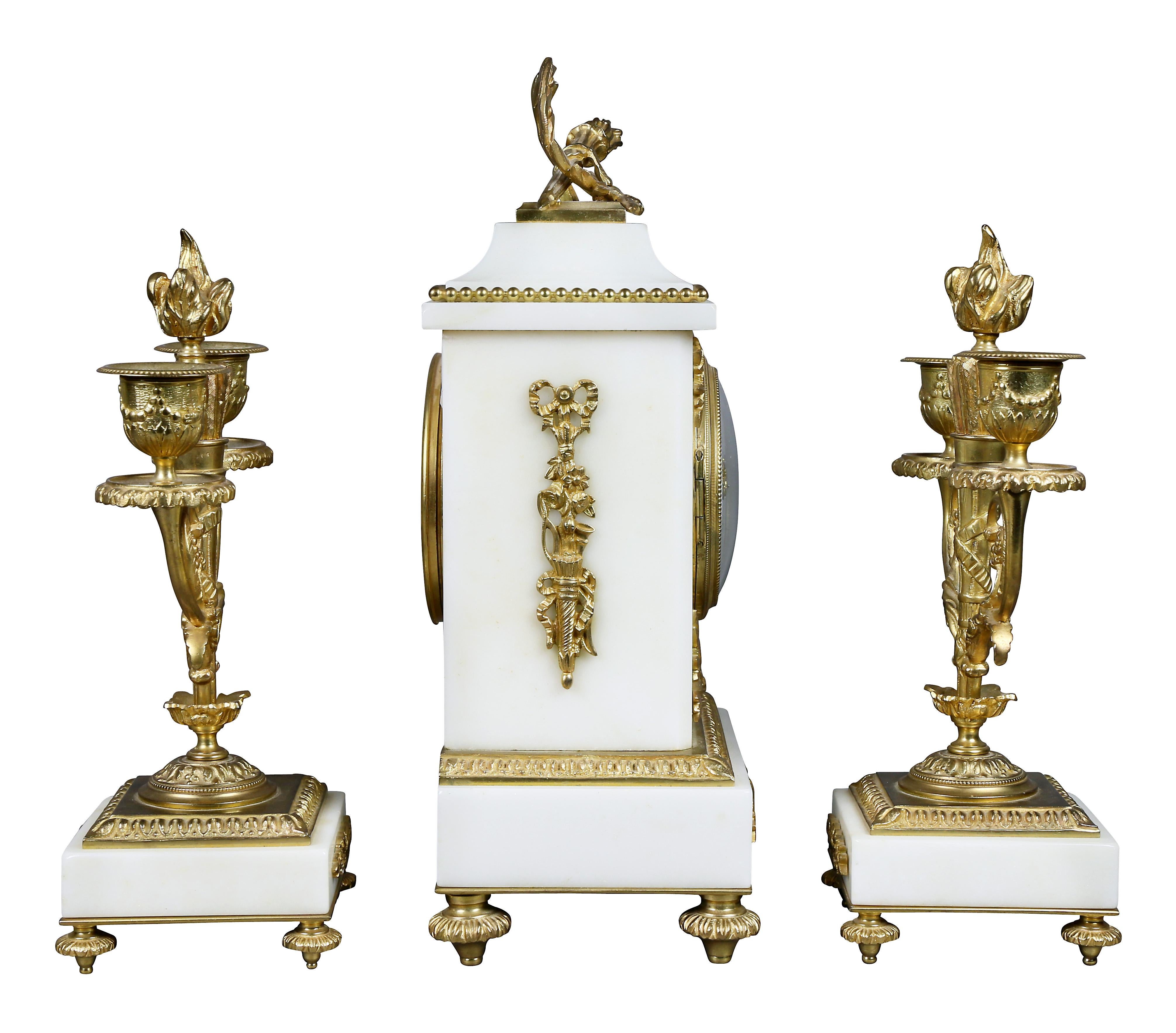 Louis XVI Style Marble and Bronze Clock Garniture For Sale 3