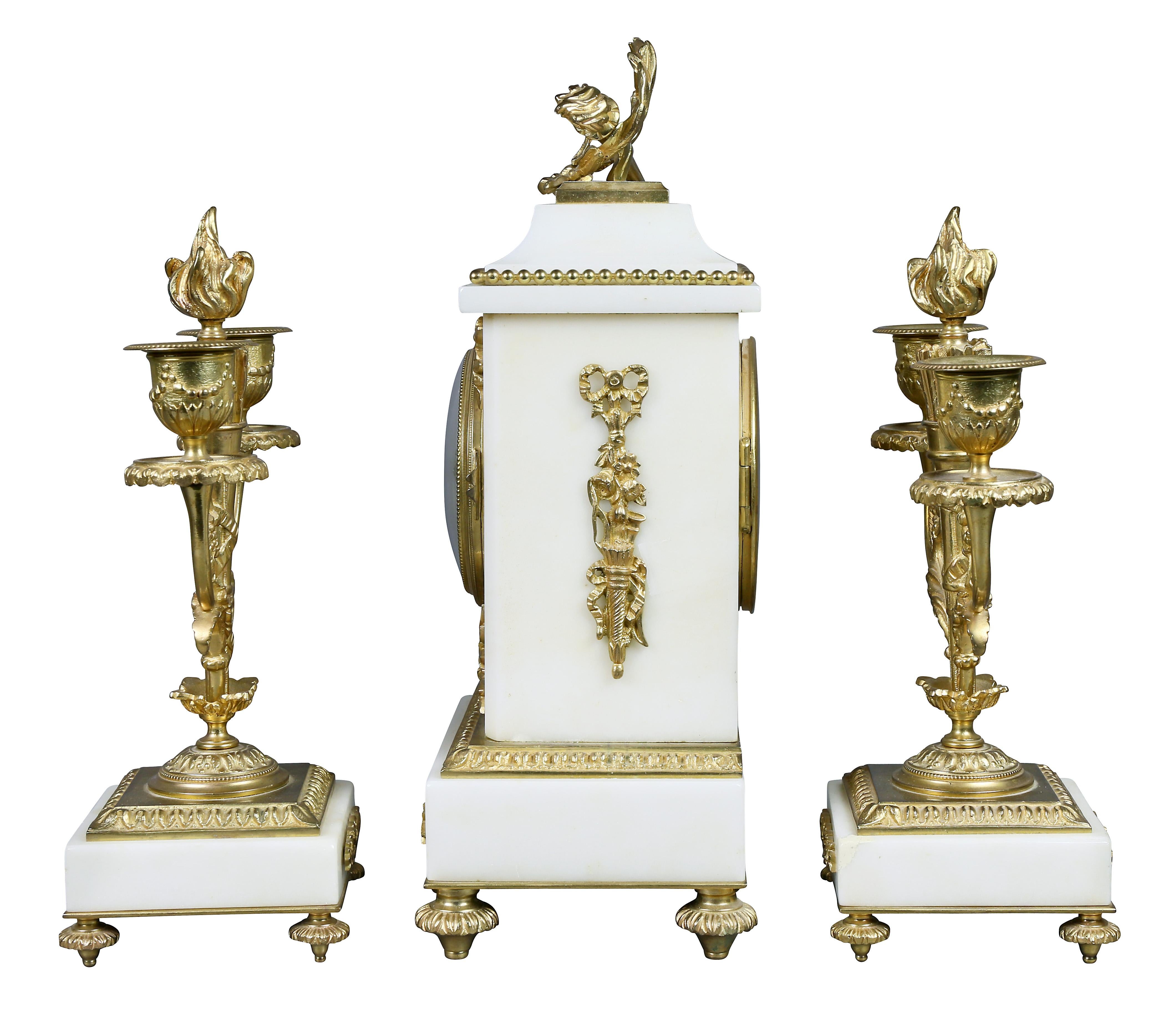 Louis XVI Style Marble and Bronze Clock Garniture For Sale 4
